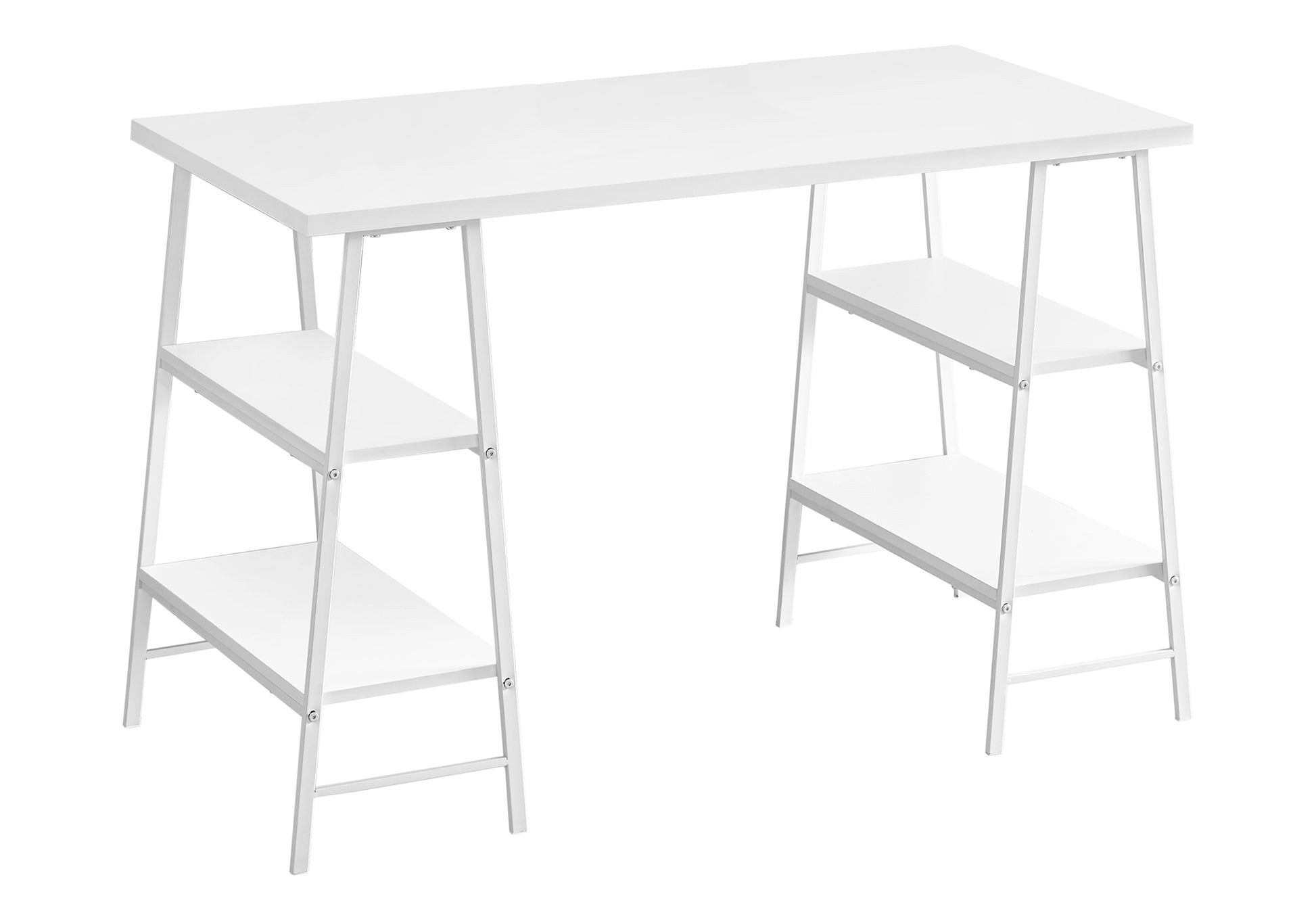 Modern white minimalist desk with builtin shelving for home office