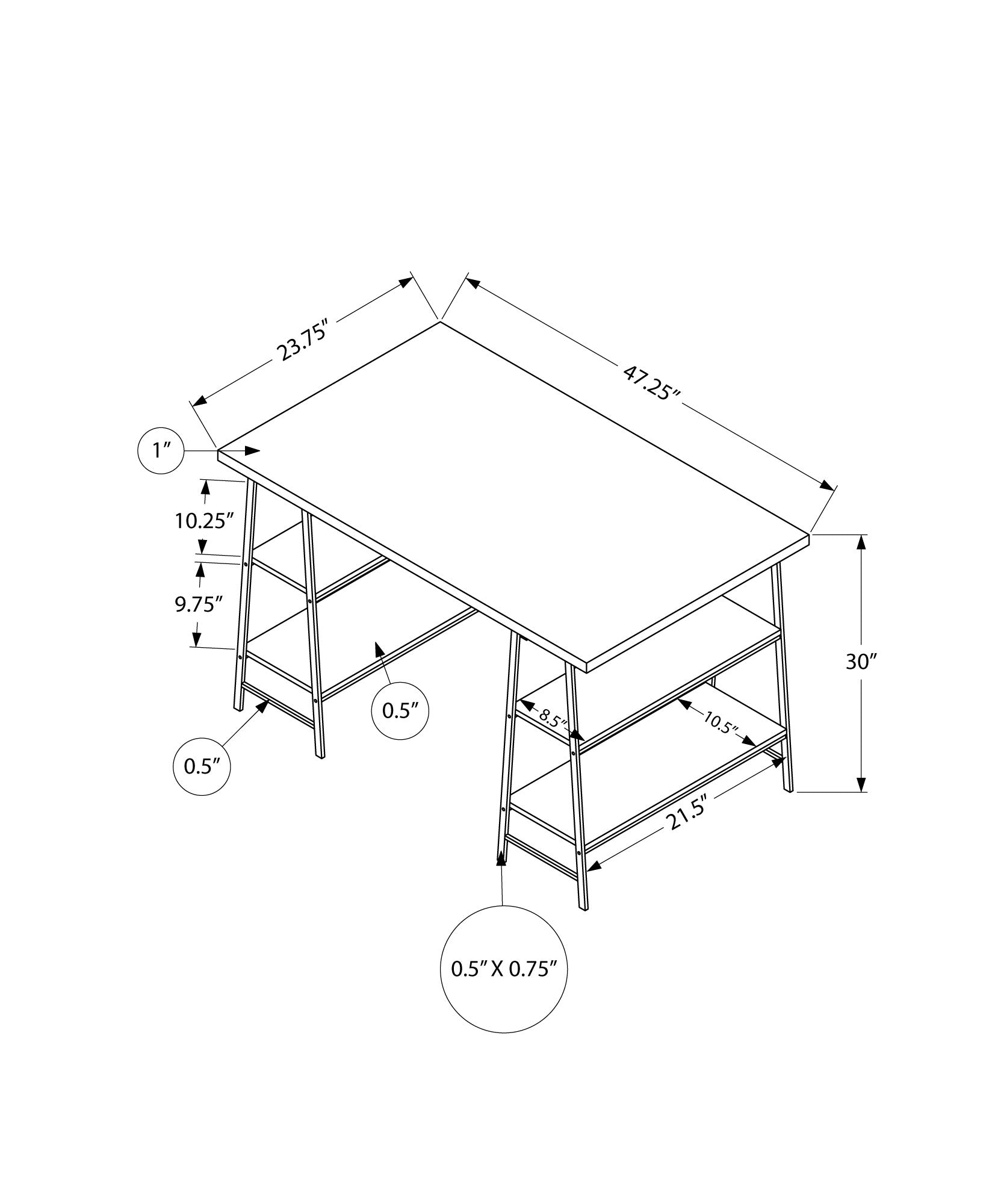 Technical drawing of a modern desk with dimensions showcasing its clean lines