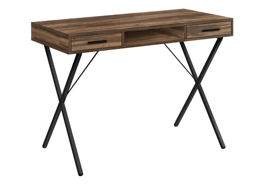 Rustic brown wood writing desk with black metal Xframe legs and two drawers