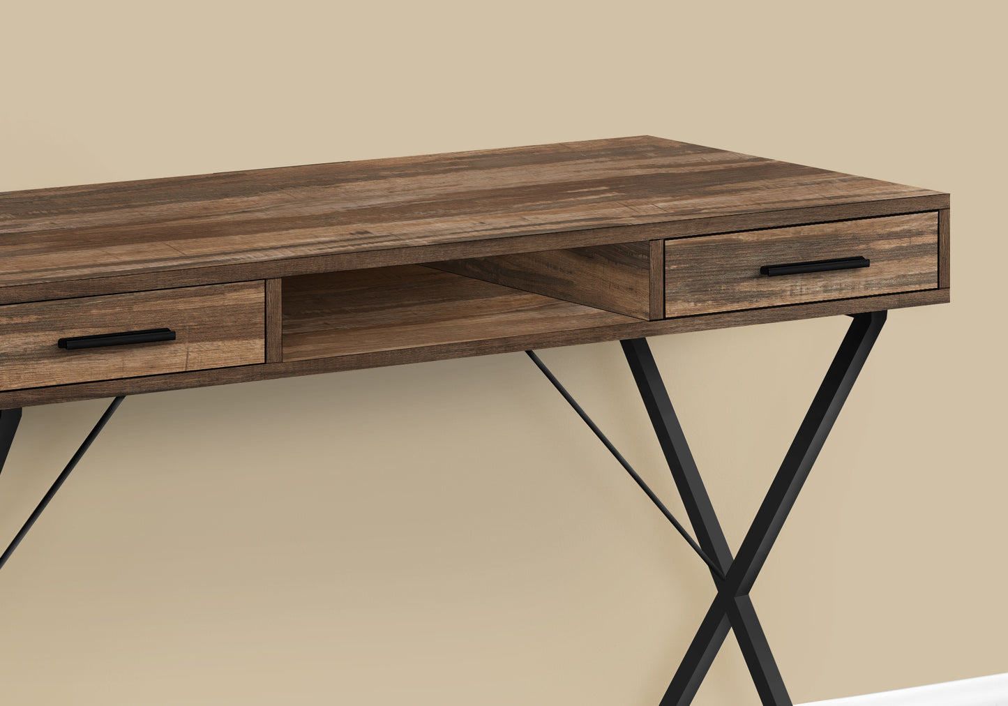 Rustic wood desk with black metal legs and two drawers