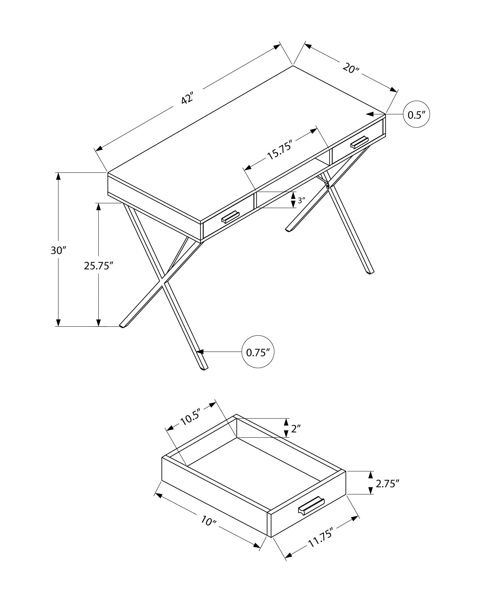Diagram of a modern writing desk with dimensions featuring a sleek metal frame and three drawers