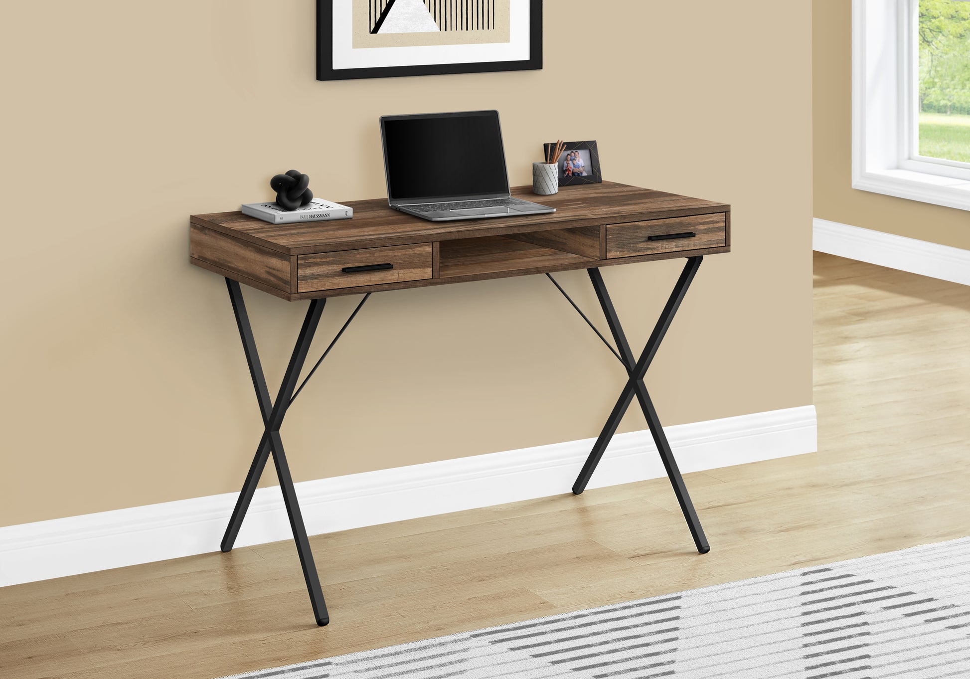 Rustic brown wood desk with black Xframe legs and two drawers