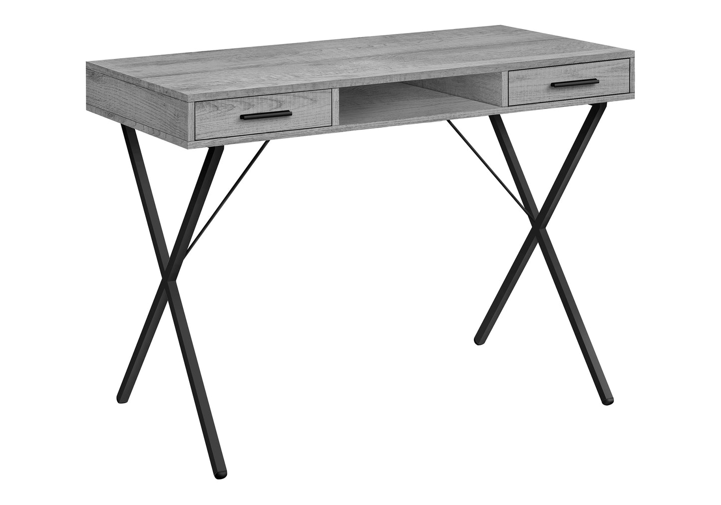 Grey wood finish desk with black Xframe legs and two drawers