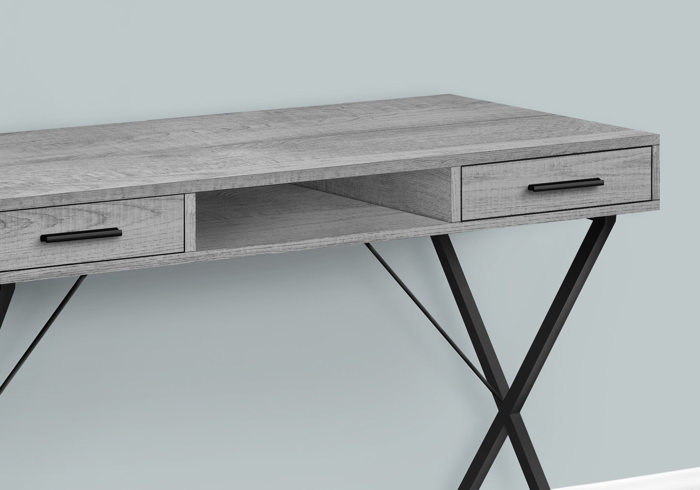 Rustic grey wood writing desk with black metal Xframe legs and two drawers