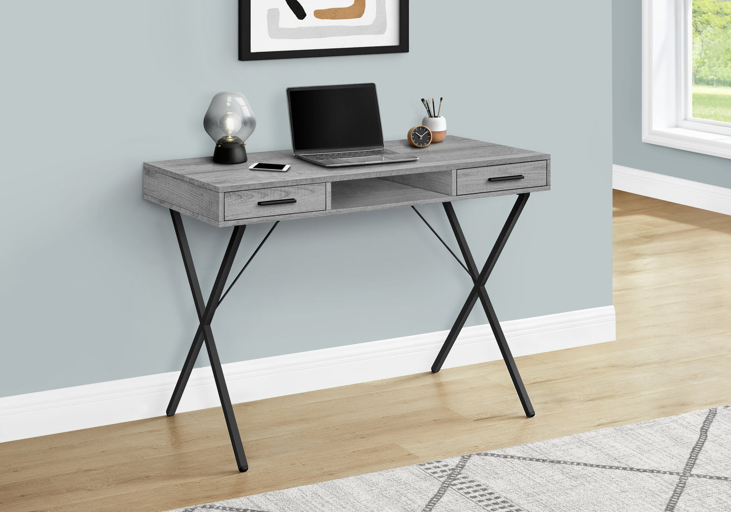 Grey wood computer desk with black Xshaped legs and two drawers