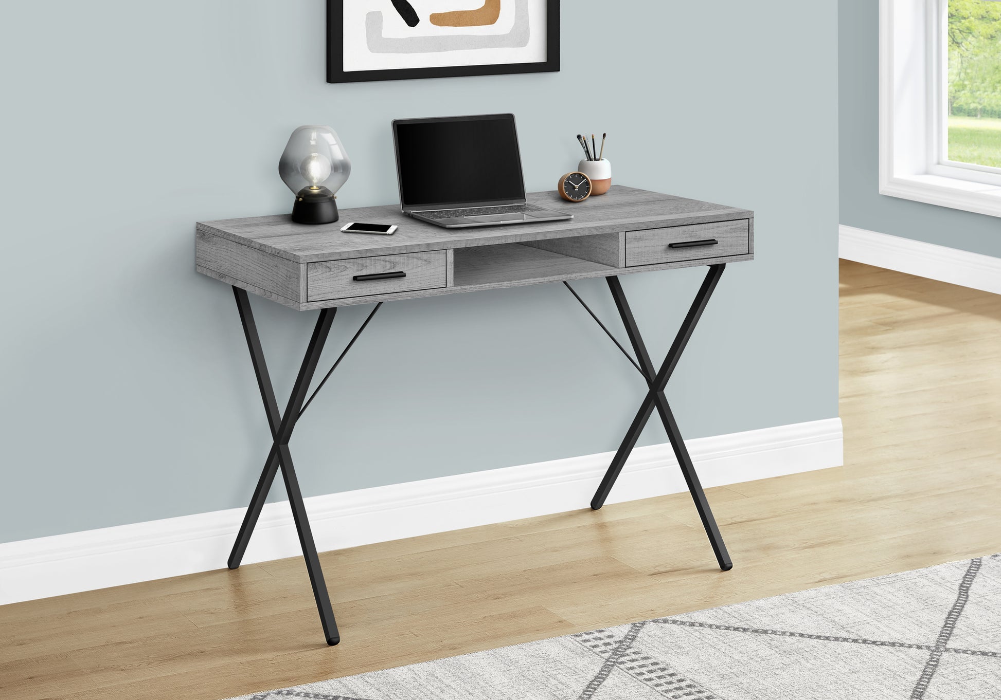 Grey wood computer desk with black Xshaped legs and two drawers