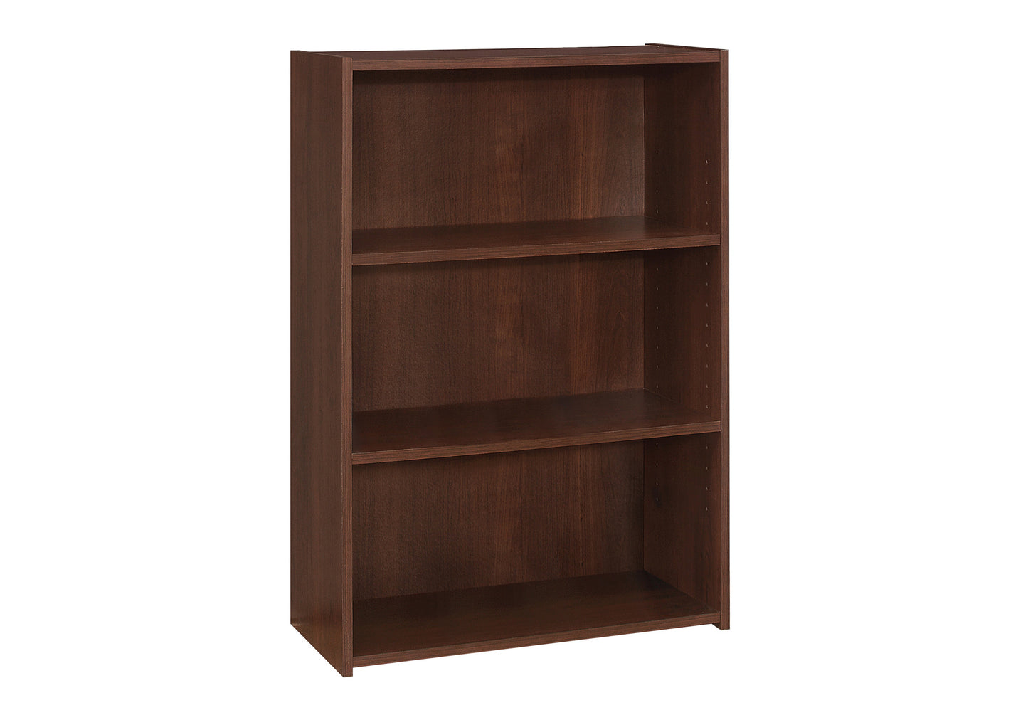 Dark brown shelf bookcase with a wood grain finish for home organization