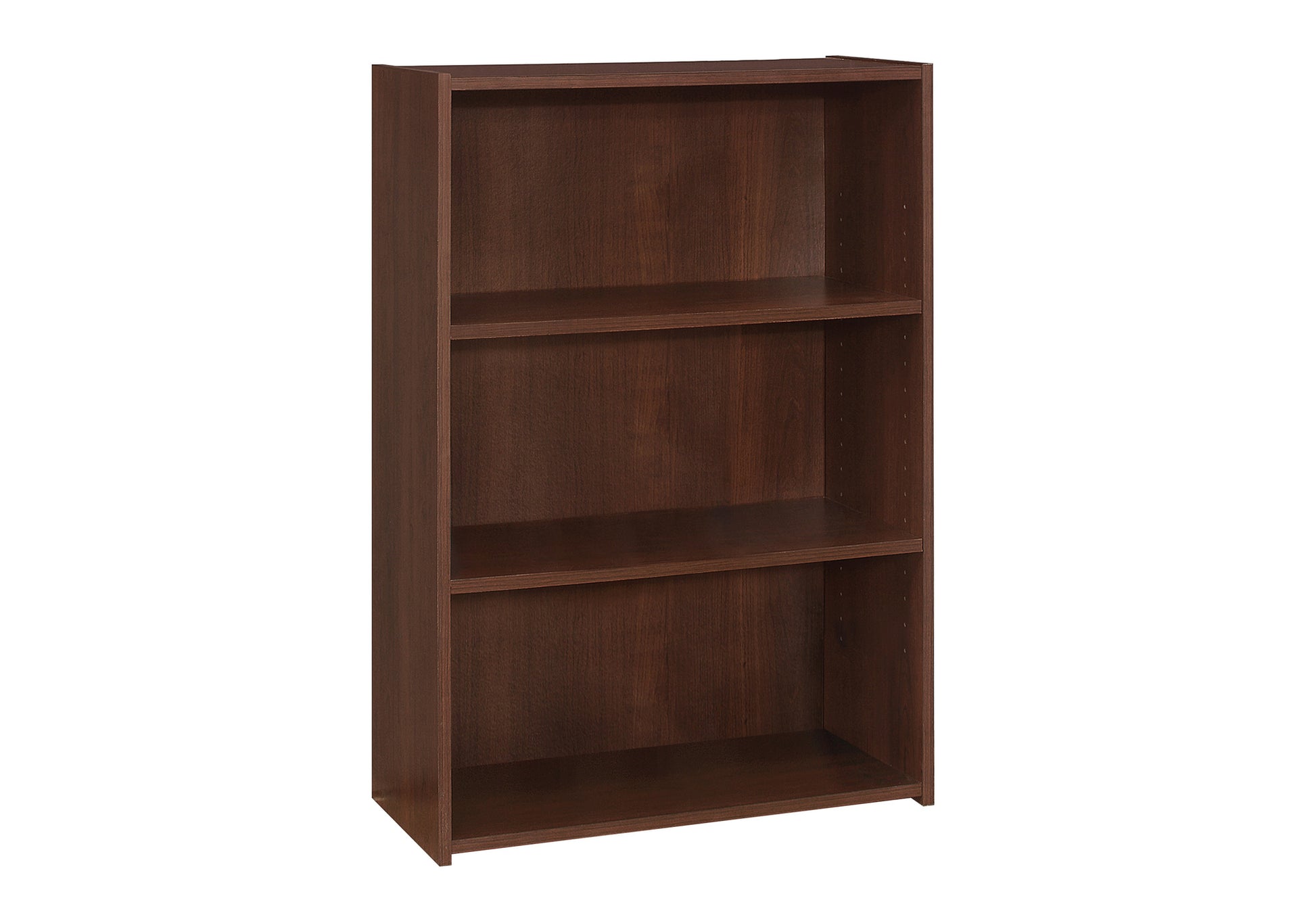 Dark brown shelf bookcase with a wood grain finish for home organization