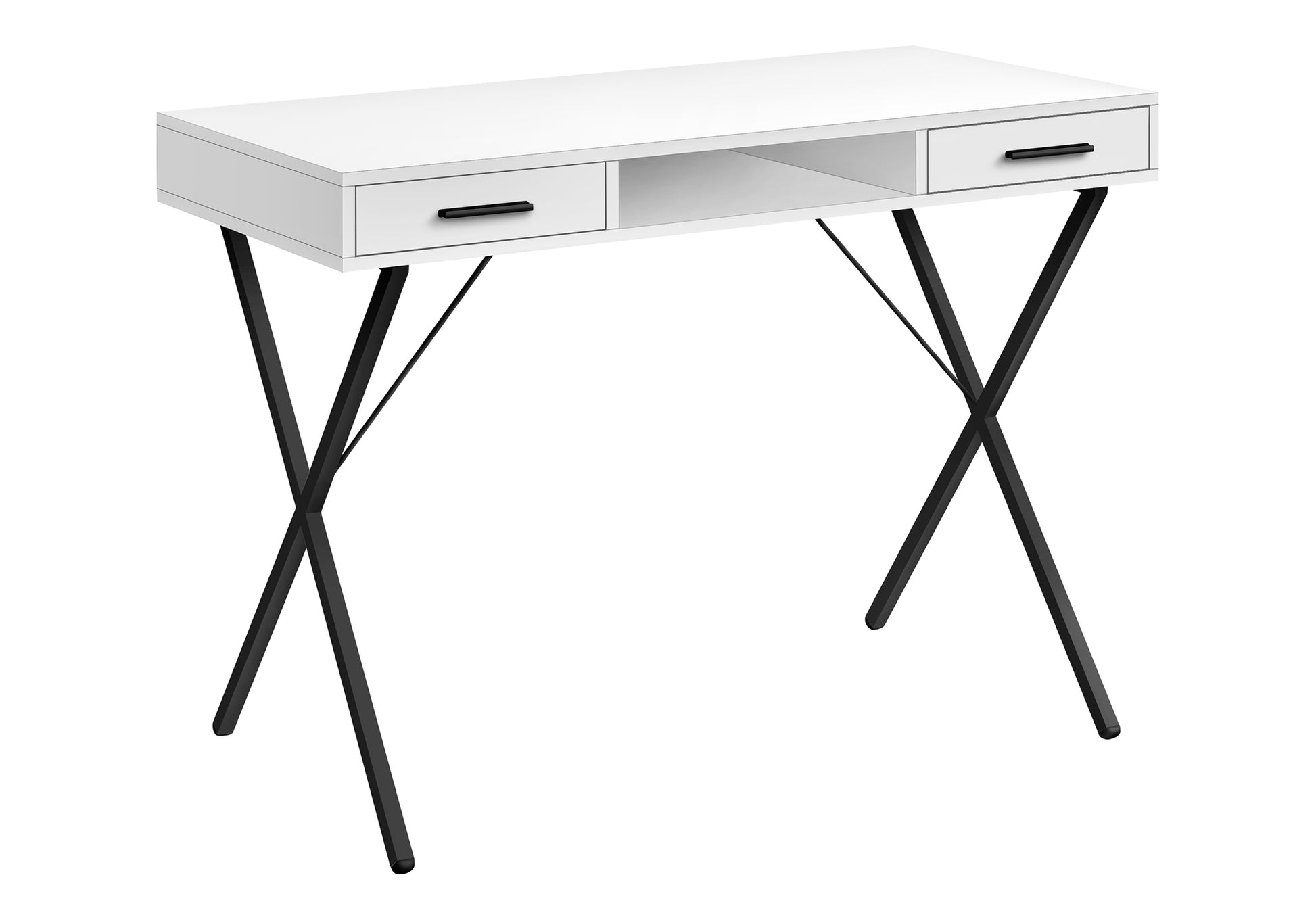Modern white writing desk with black Xshaped legs perfect for small spaces