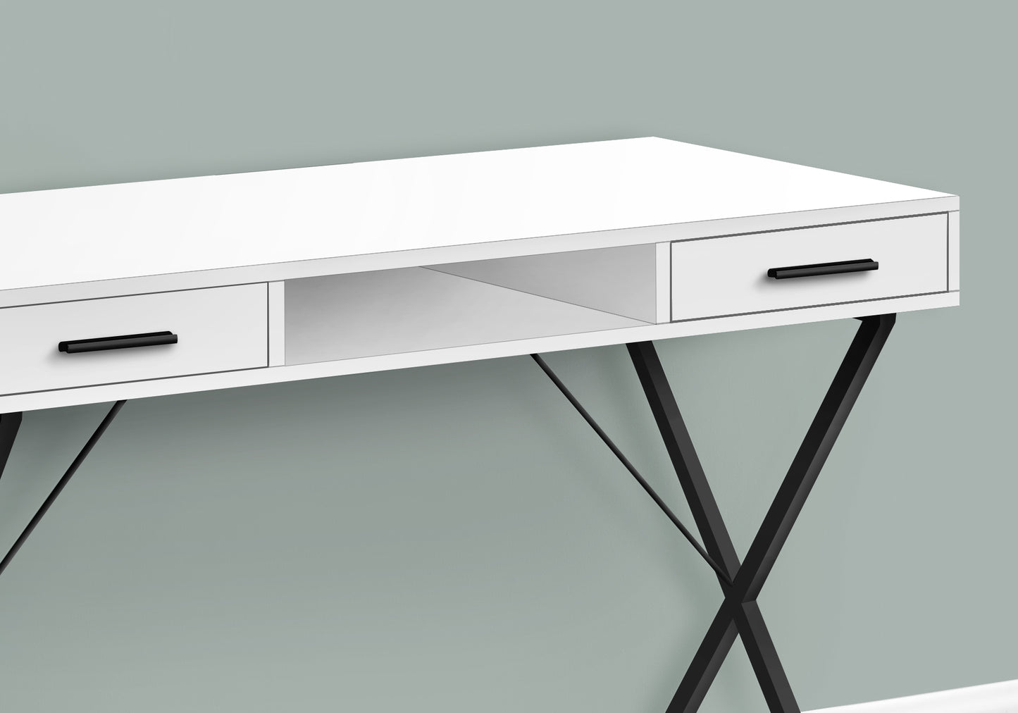 White modern desk with two drawers and black metal Xlegs