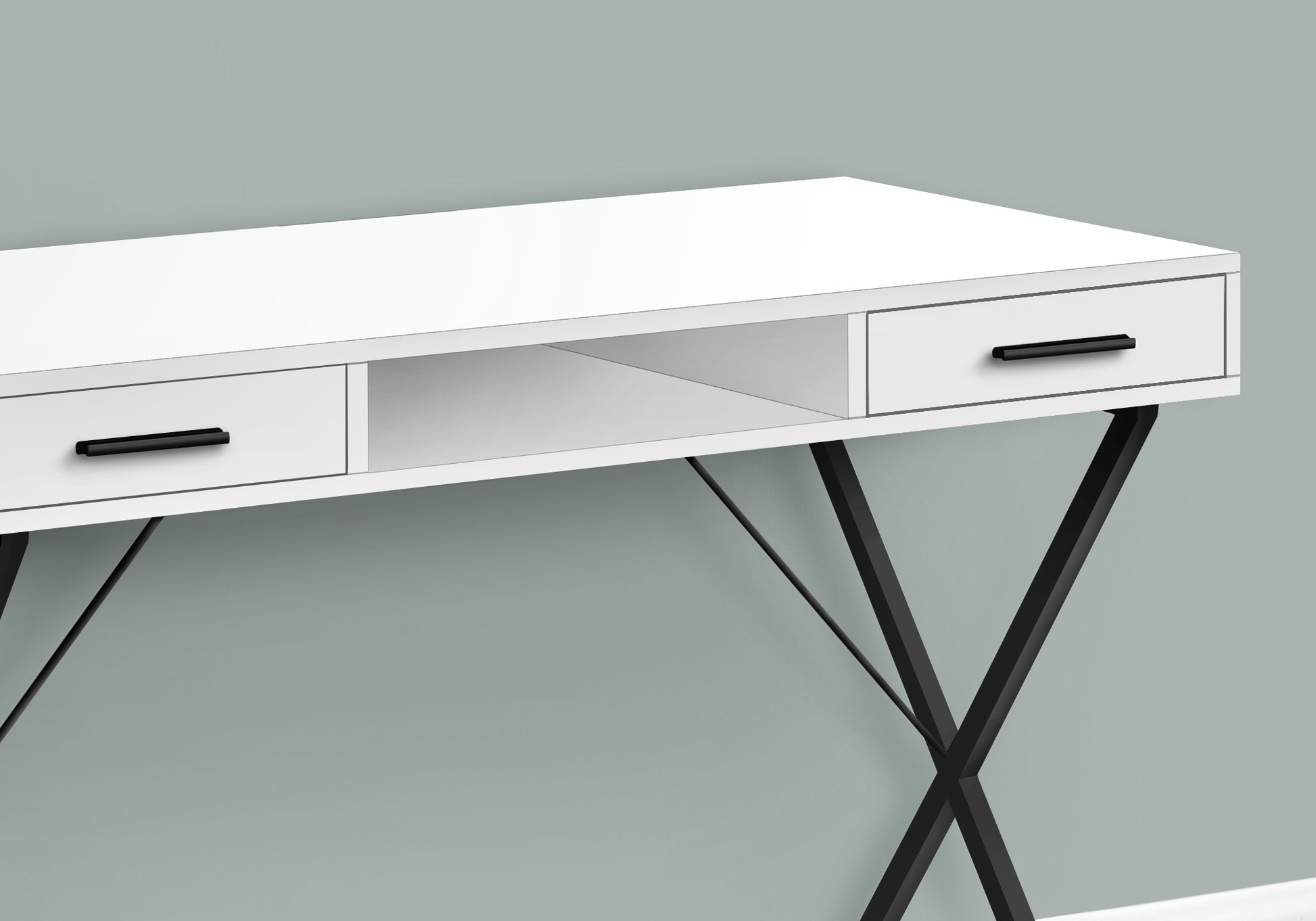 White modern desk with two drawers and black metal Xlegs