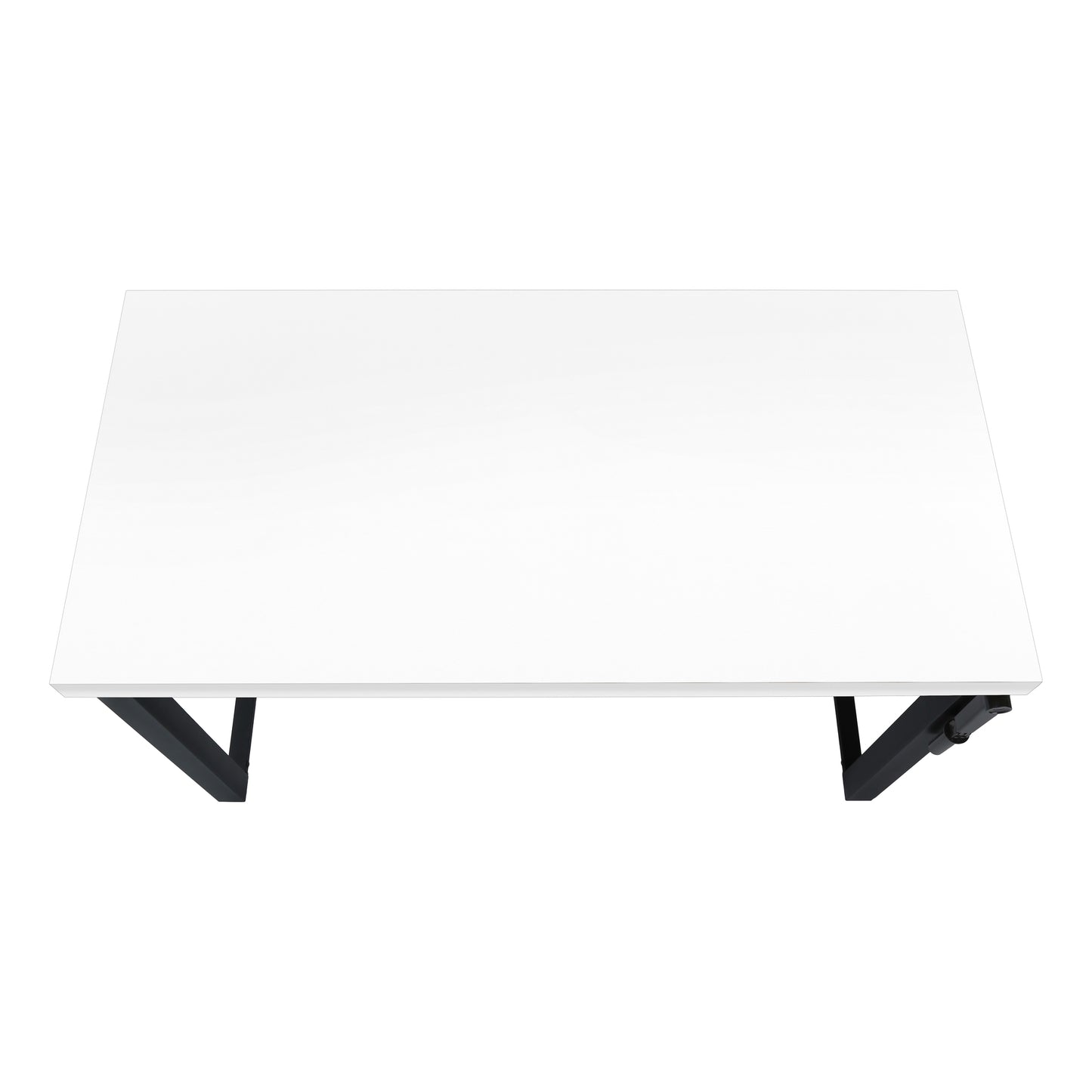 Minimalist white tabletop with sleek black metal folding legs for a compact desk