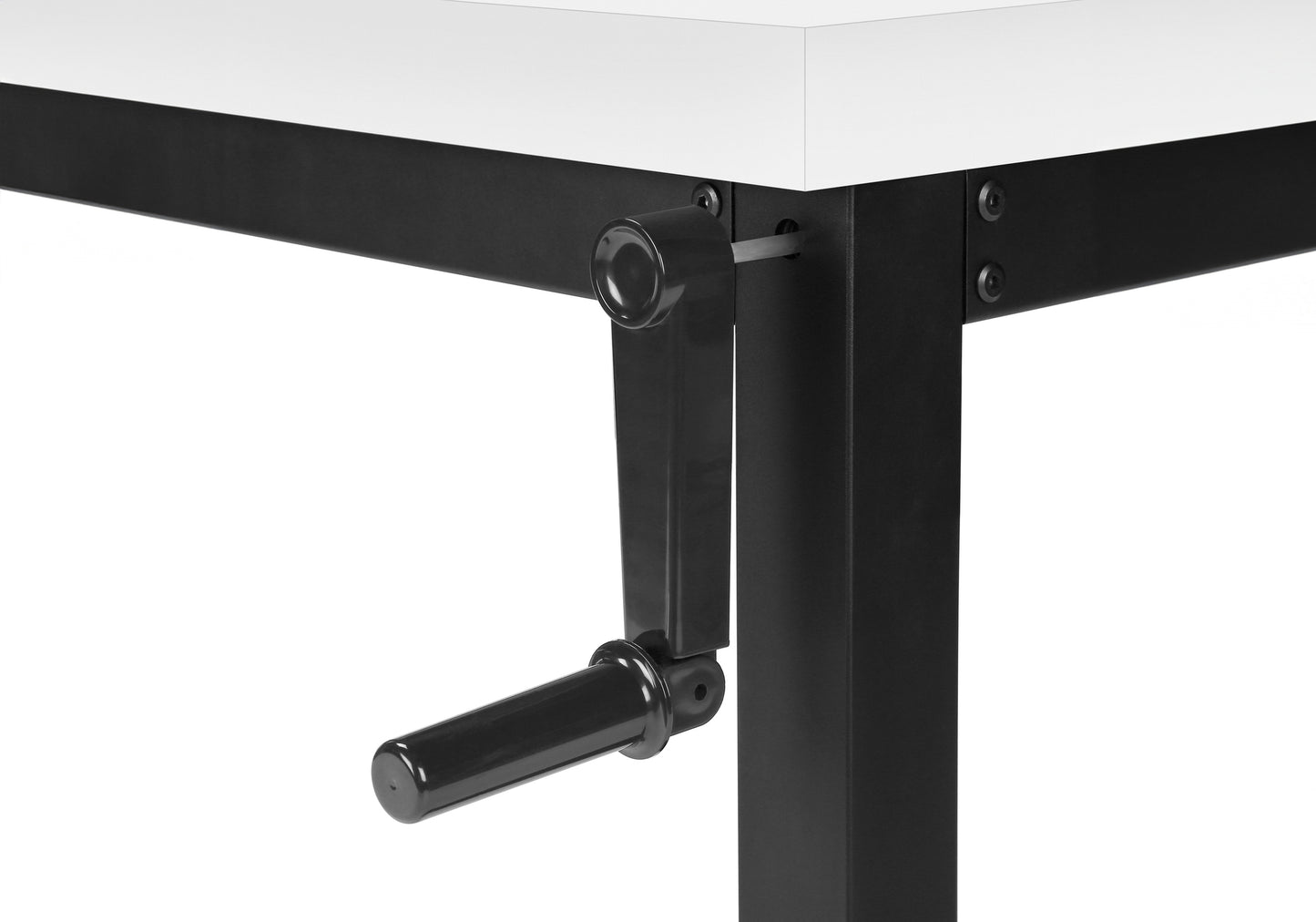 Closeup of white desktop with black metal frame and hand crank adjuster