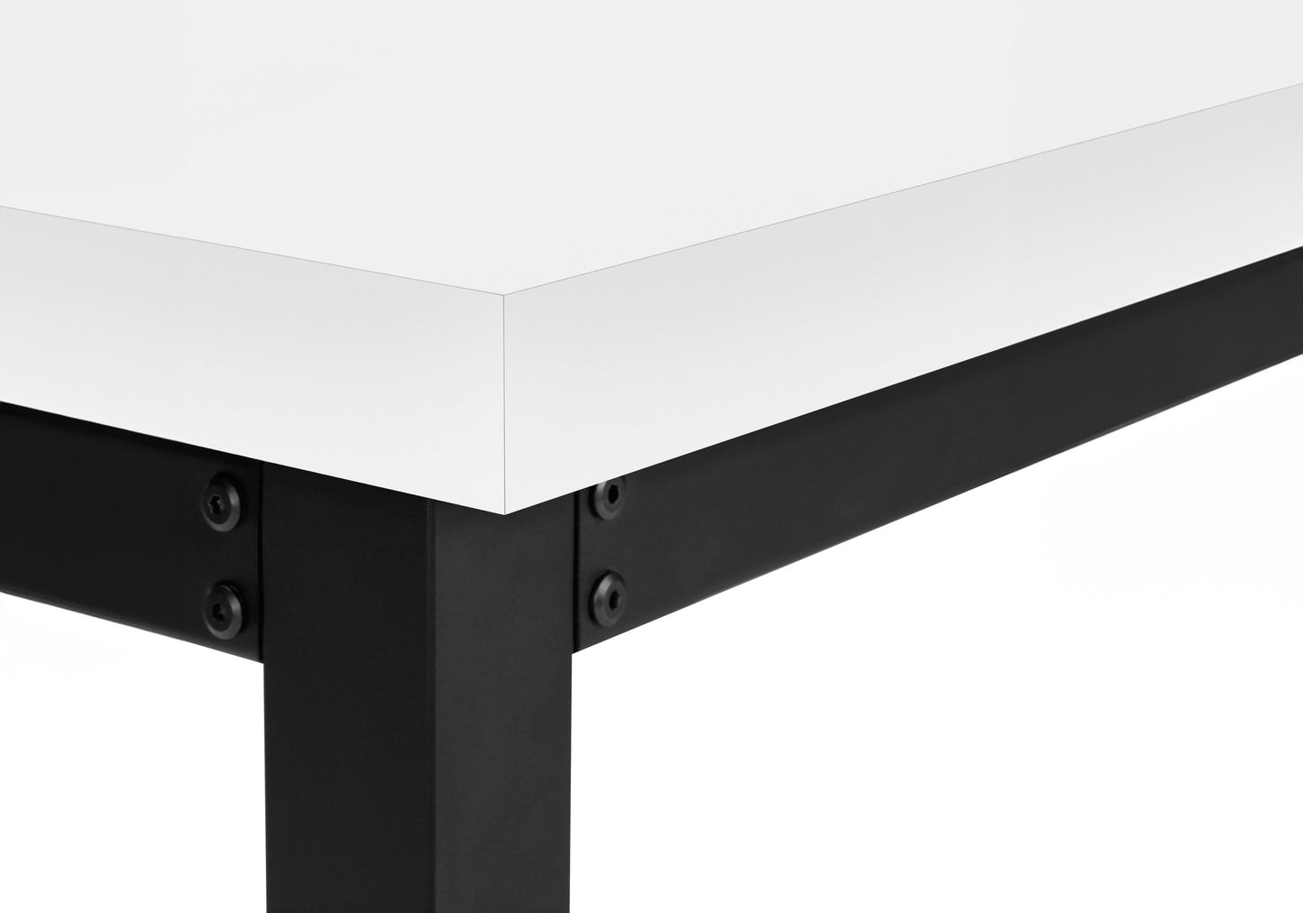 White desk with black metal legs and sturdy frame detail