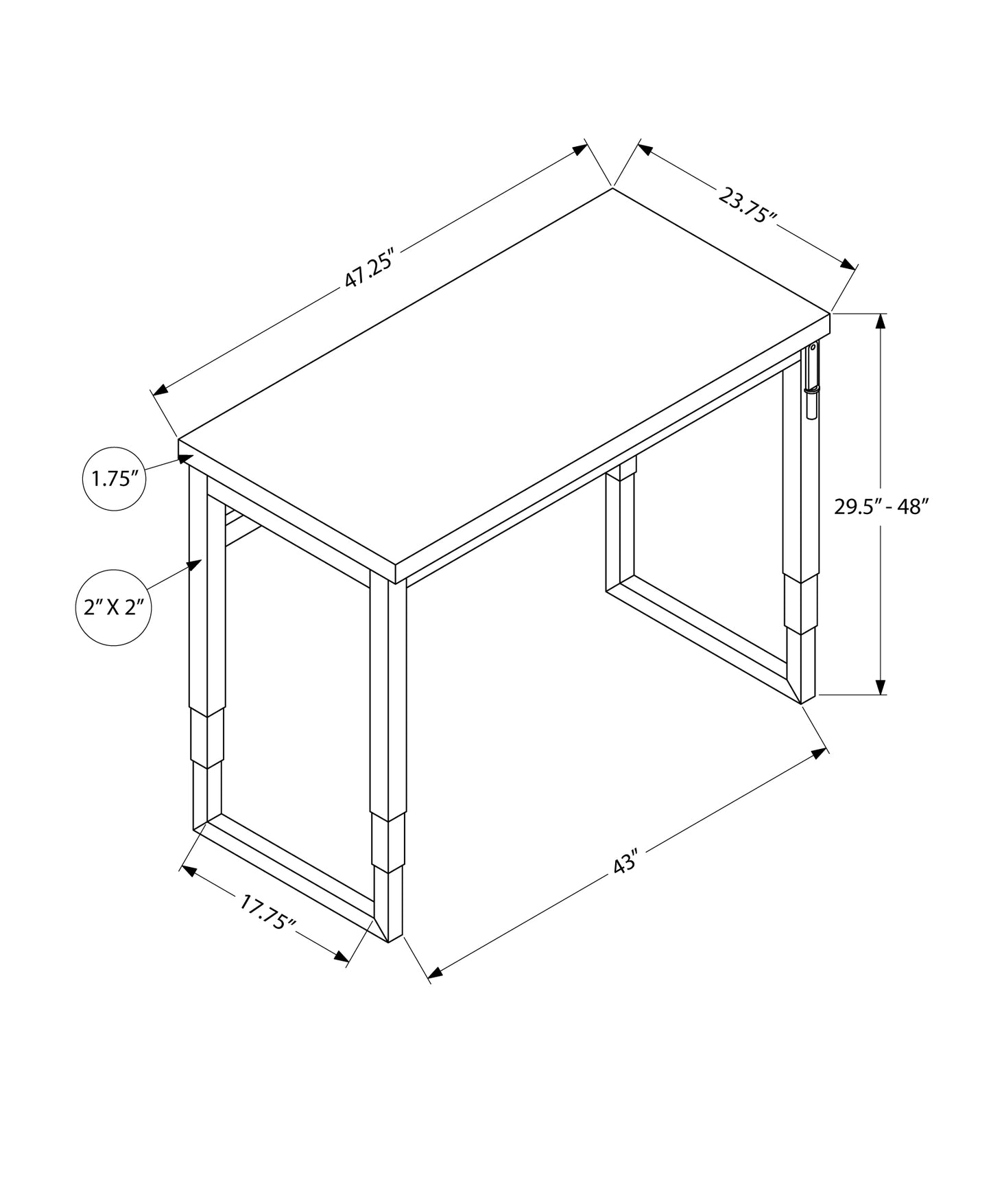 Technical drawing of a modern adjustable height desk dimensions  x  with an adjustable height range of