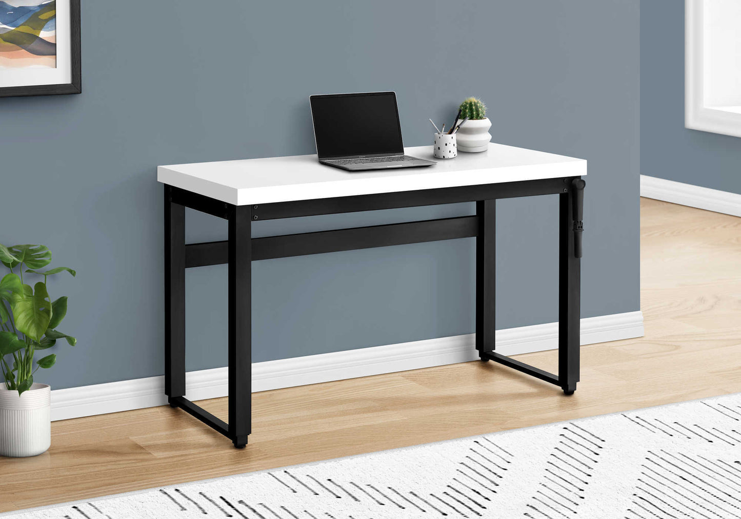 White top computer desk with black metal frame and legs perfect for home office