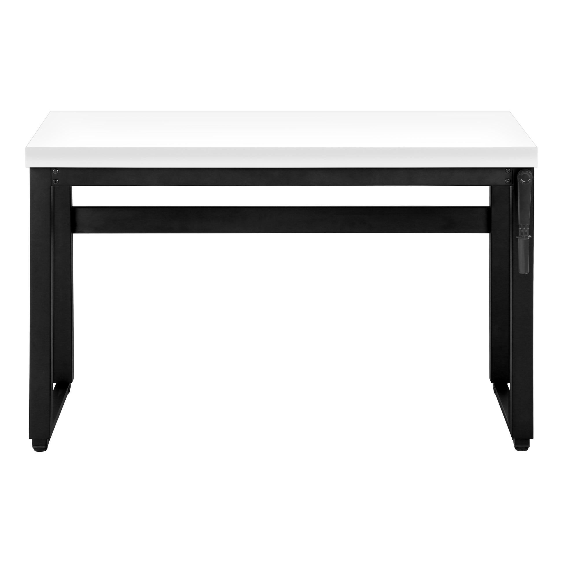 Modern white laminate desk with black metal legs and frame