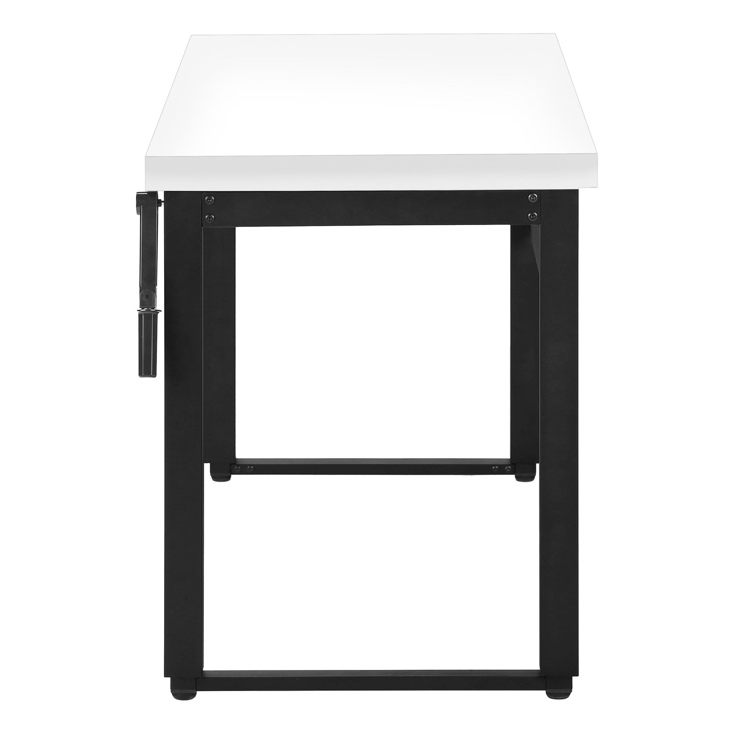 Modern white top desk with black metal frame and adjustable crank
