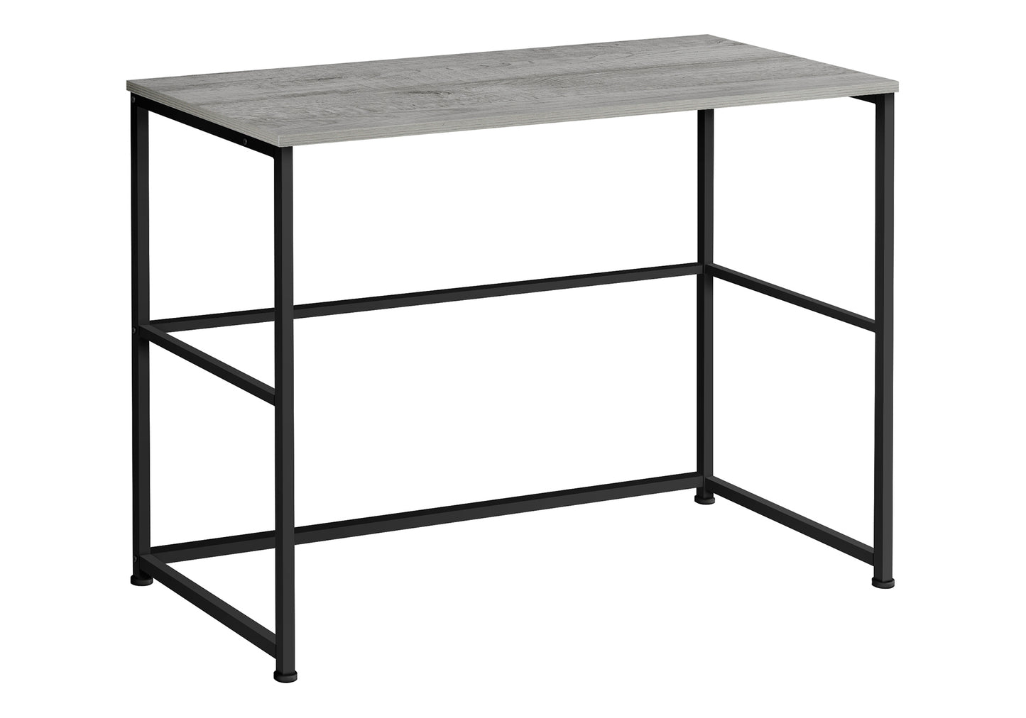 Modern grey wood grain writing desk with black metal frame and legs