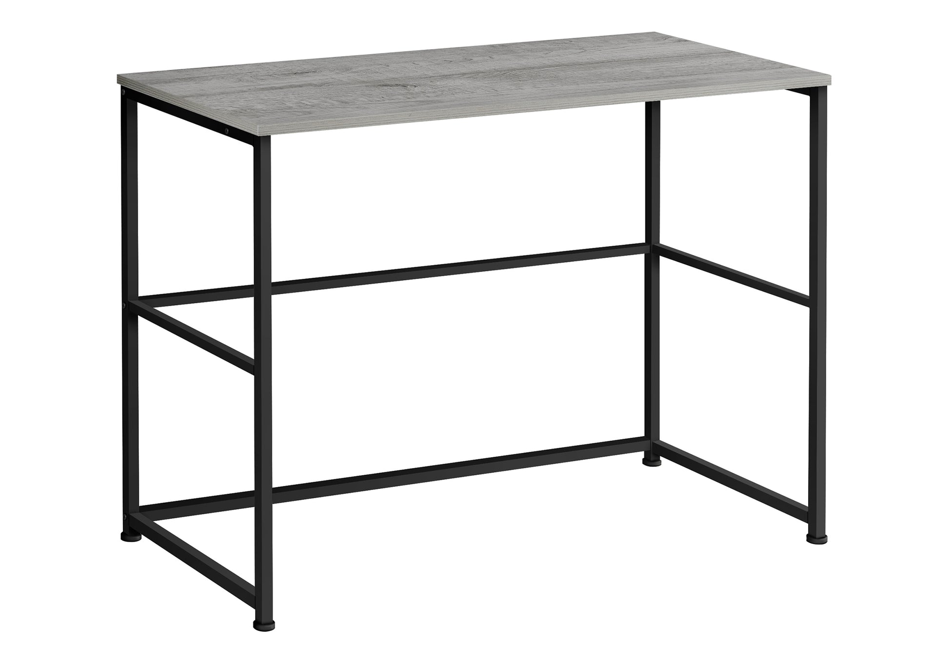 Modern grey wood grain writing desk with black metal frame and legs
