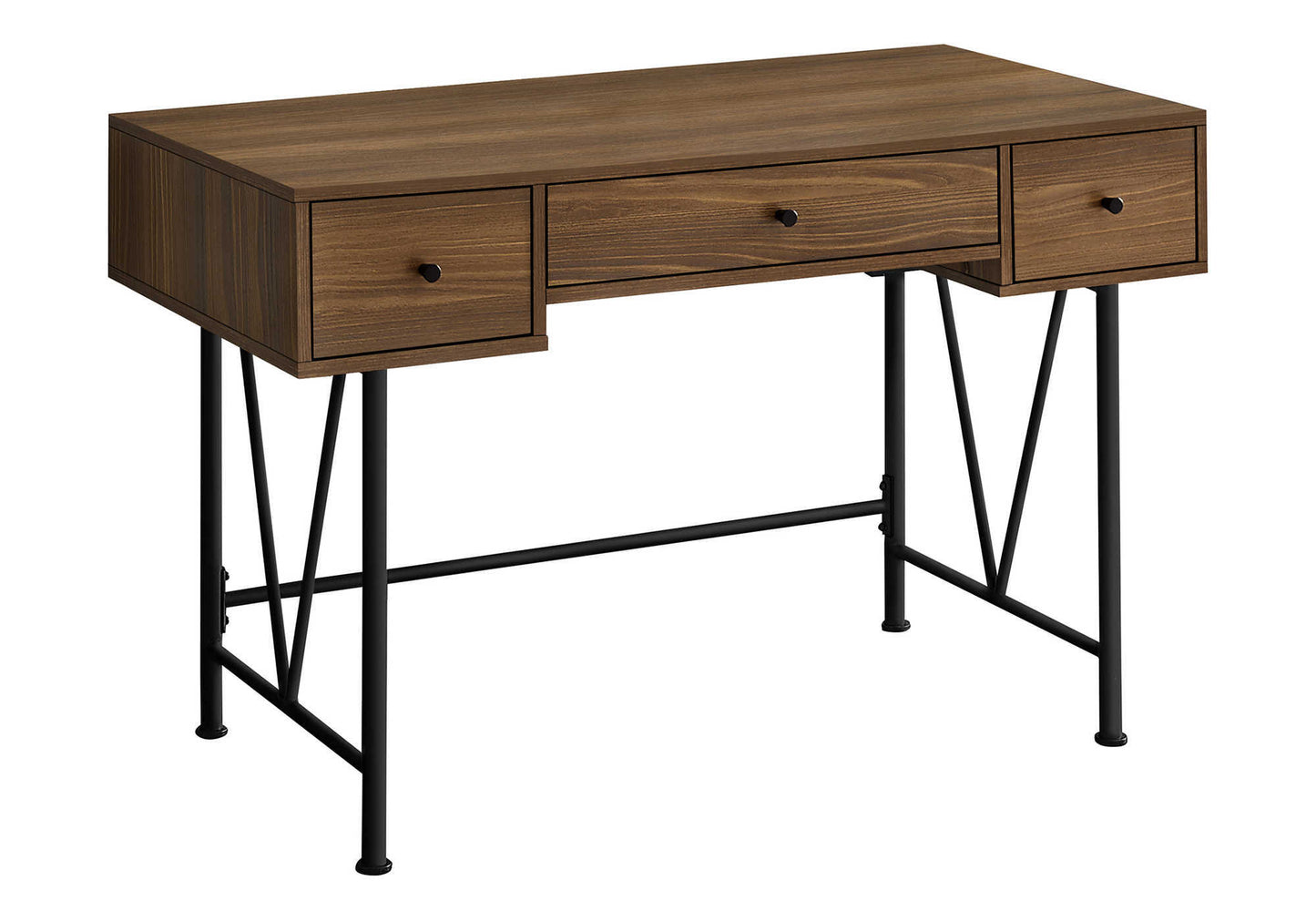 Walnut finish desk with three drawers and black metal hairpin legs
