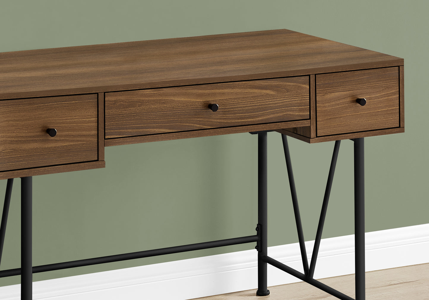 Rustic brown wood desk with three drawers and black metal hairpin legs