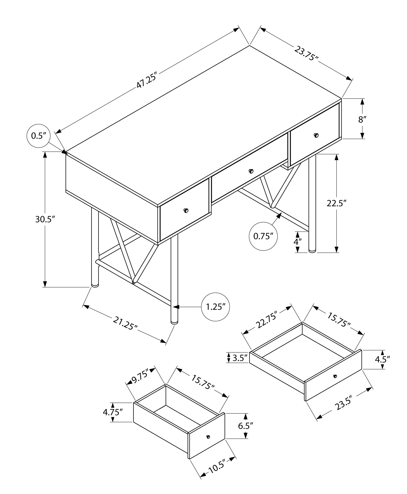 Technical drawing of a modern desk with dimensions shown featuring three drawers and a metal frame