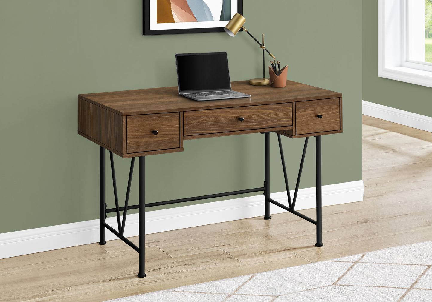 Walnut finish writing desk with three drawers and black metal hairpin legs