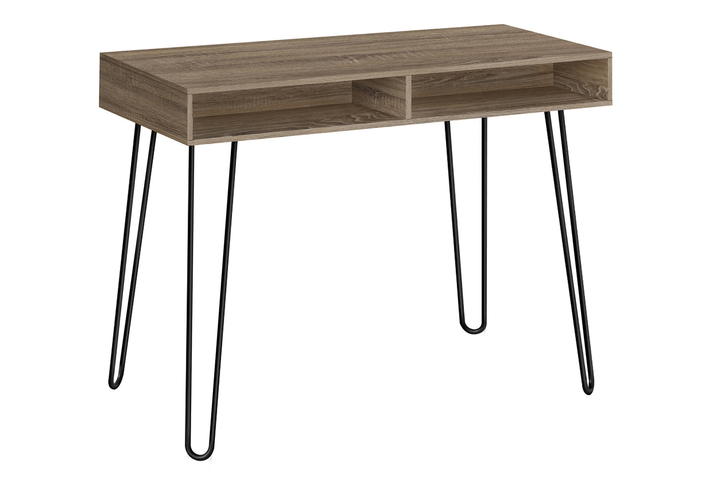 Rustic oak veneer desk with open shelving and black hairpin legs