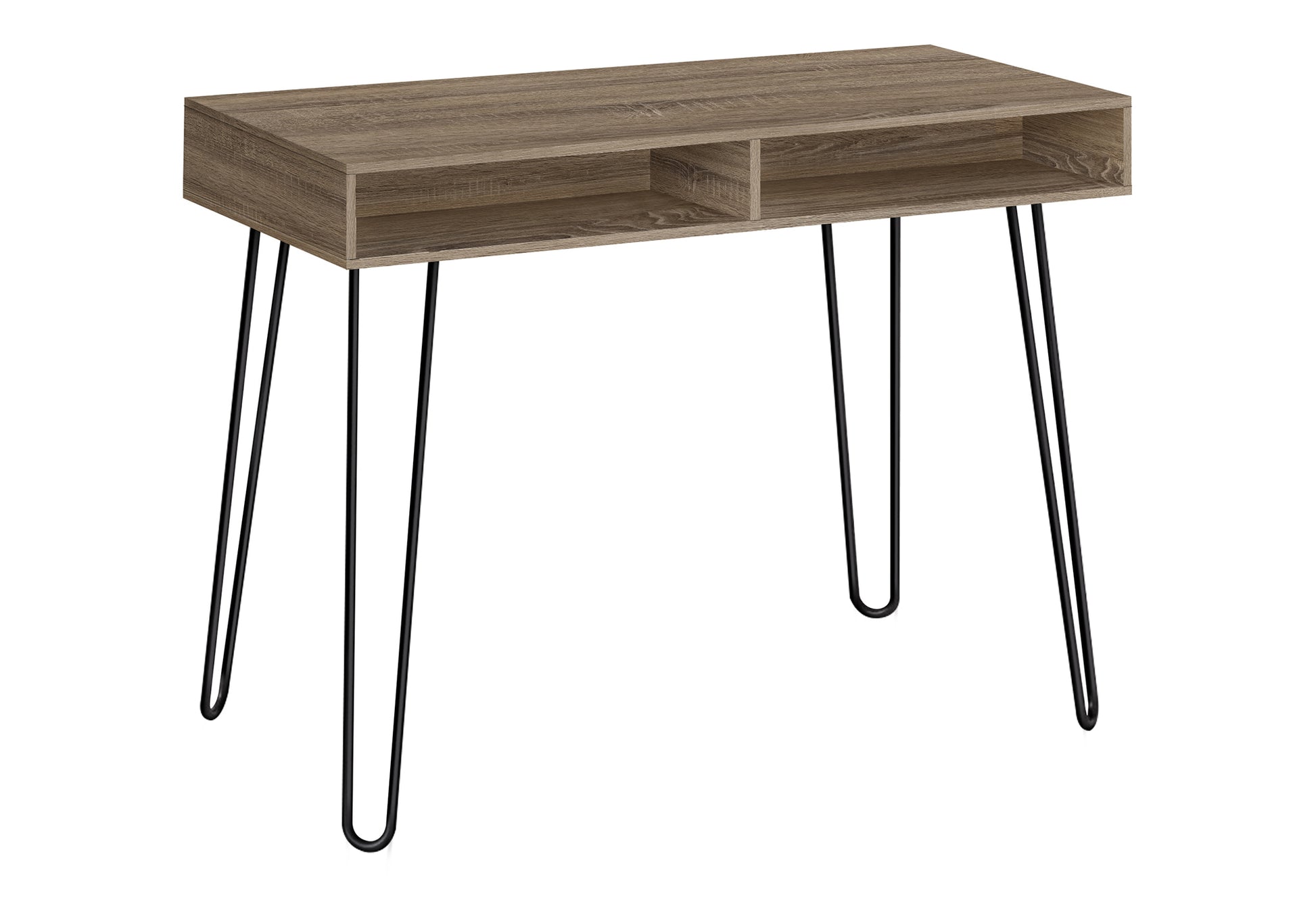 Rustic oak veneer desk with open shelving and black hairpin legs