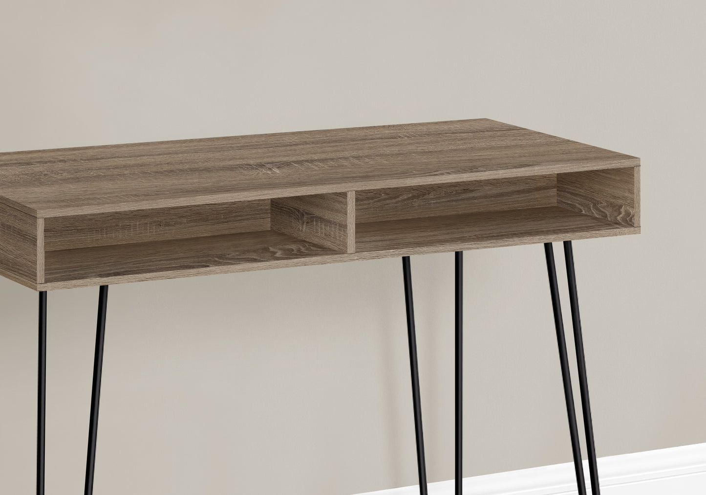 Rustic oak entryway console table with black hairpin legs and open shelving