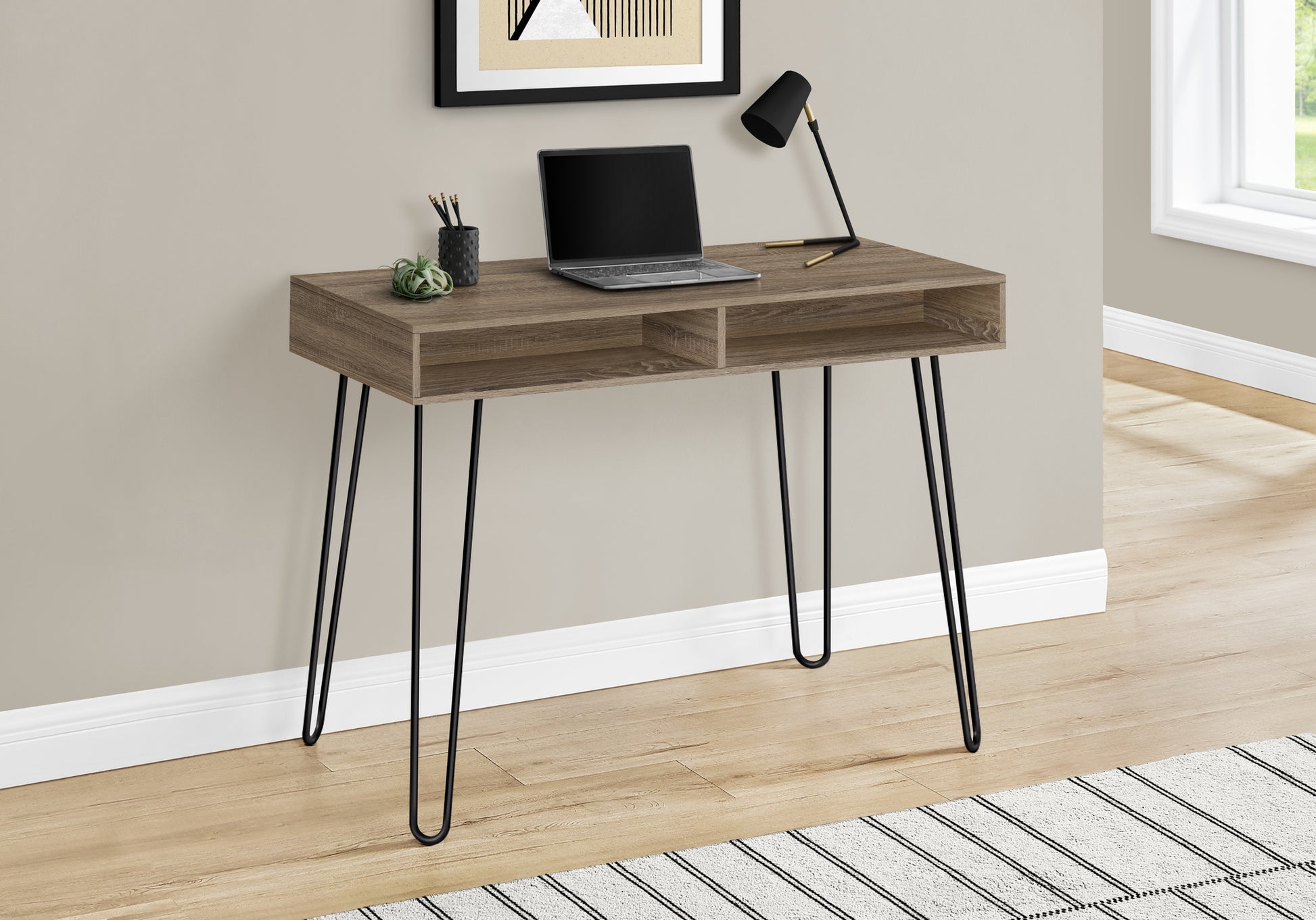 Rustic brown computer desk with black hairpin legs and open storage shelves