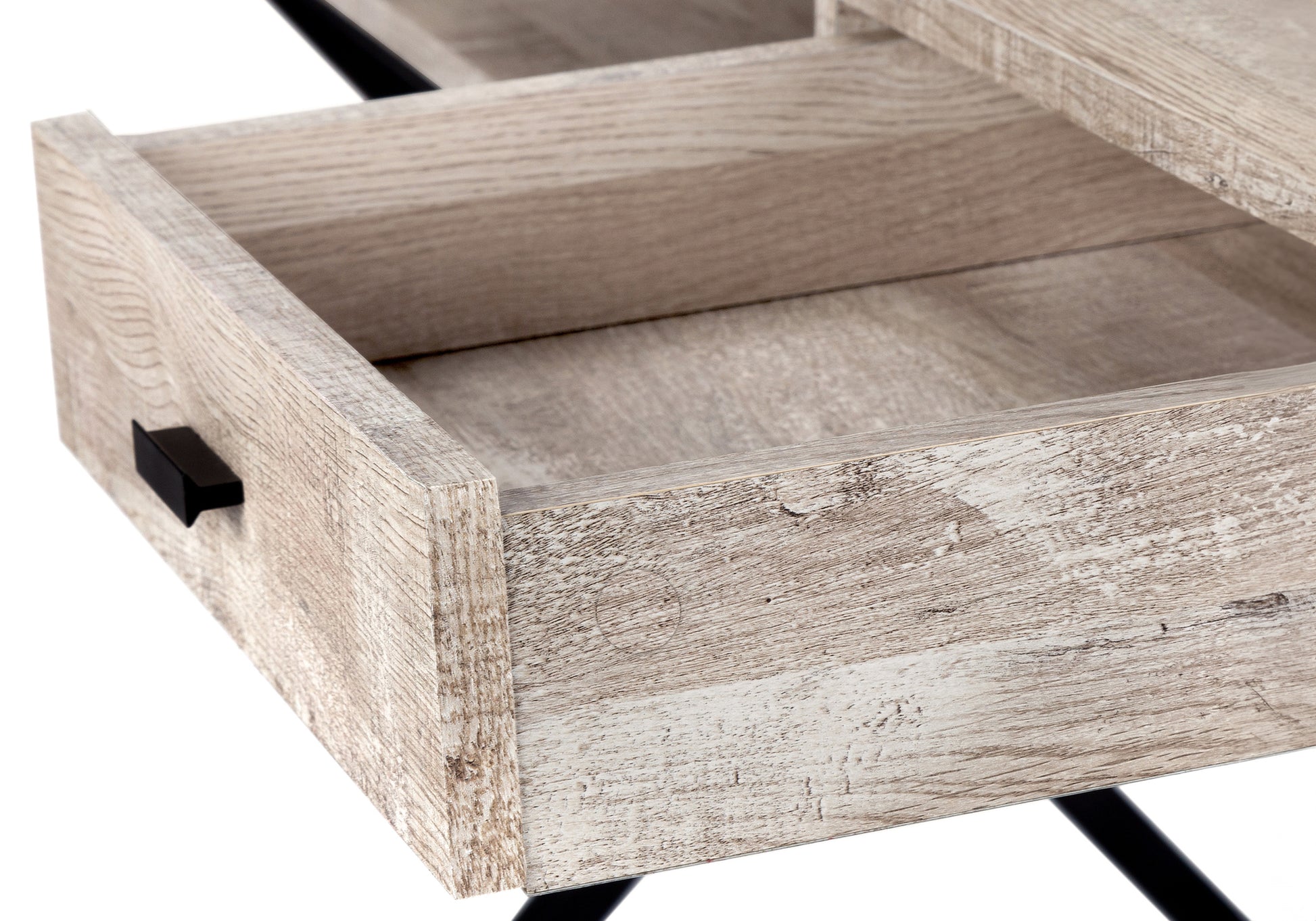Rustic oak finish drawer with black handle part of a modern writing desk