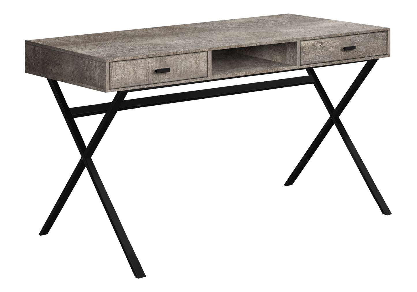 Rustic grey wood desk with black Xframe legs and two drawers