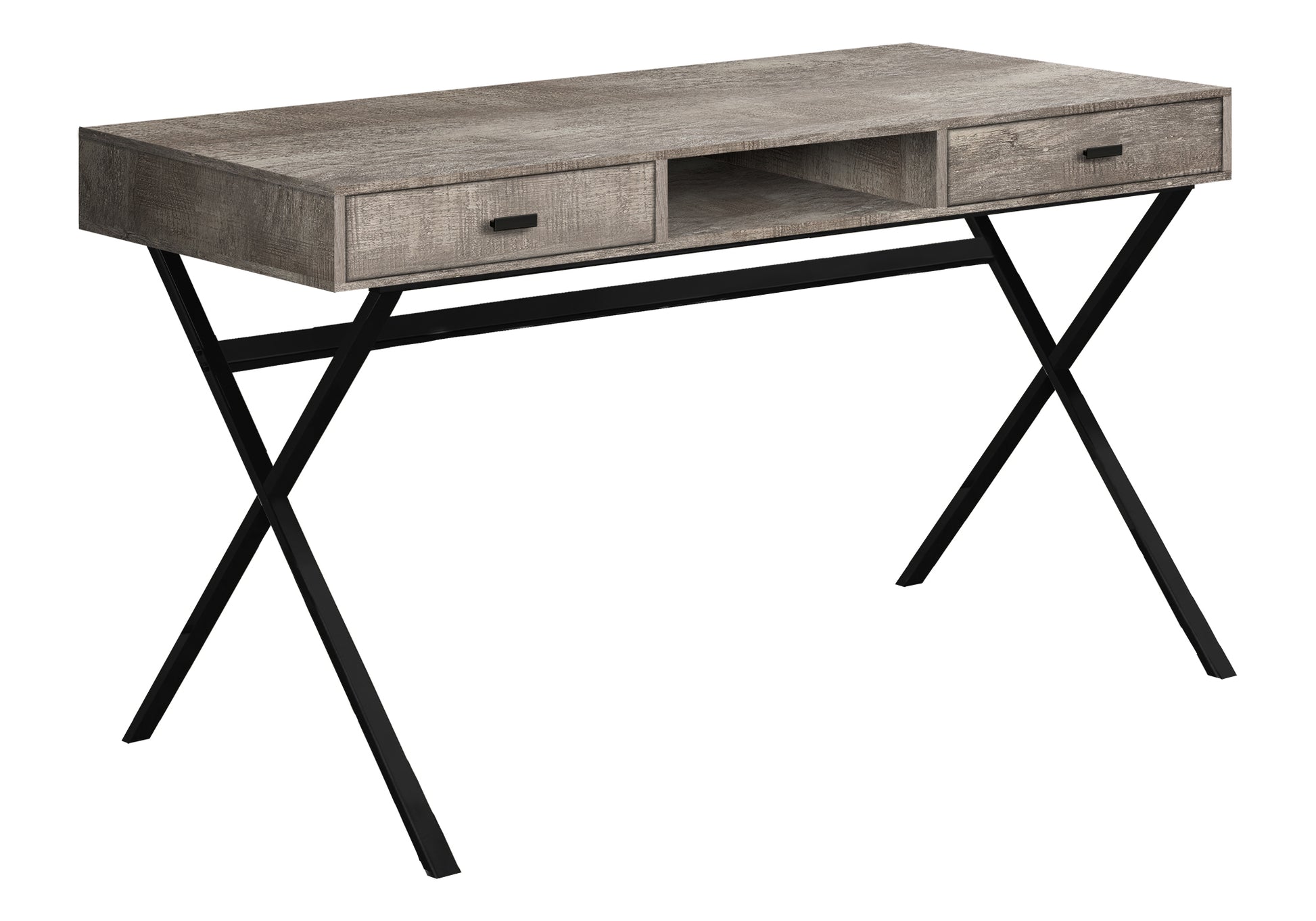 Rustic grey wood desk with black Xframe legs and two drawers