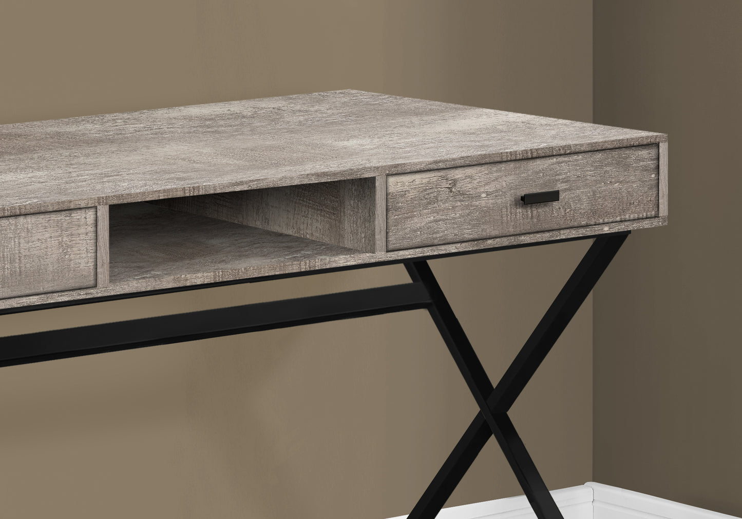 Distressed gray wood desk with black metal Xlegs and one drawer perfect for a home office