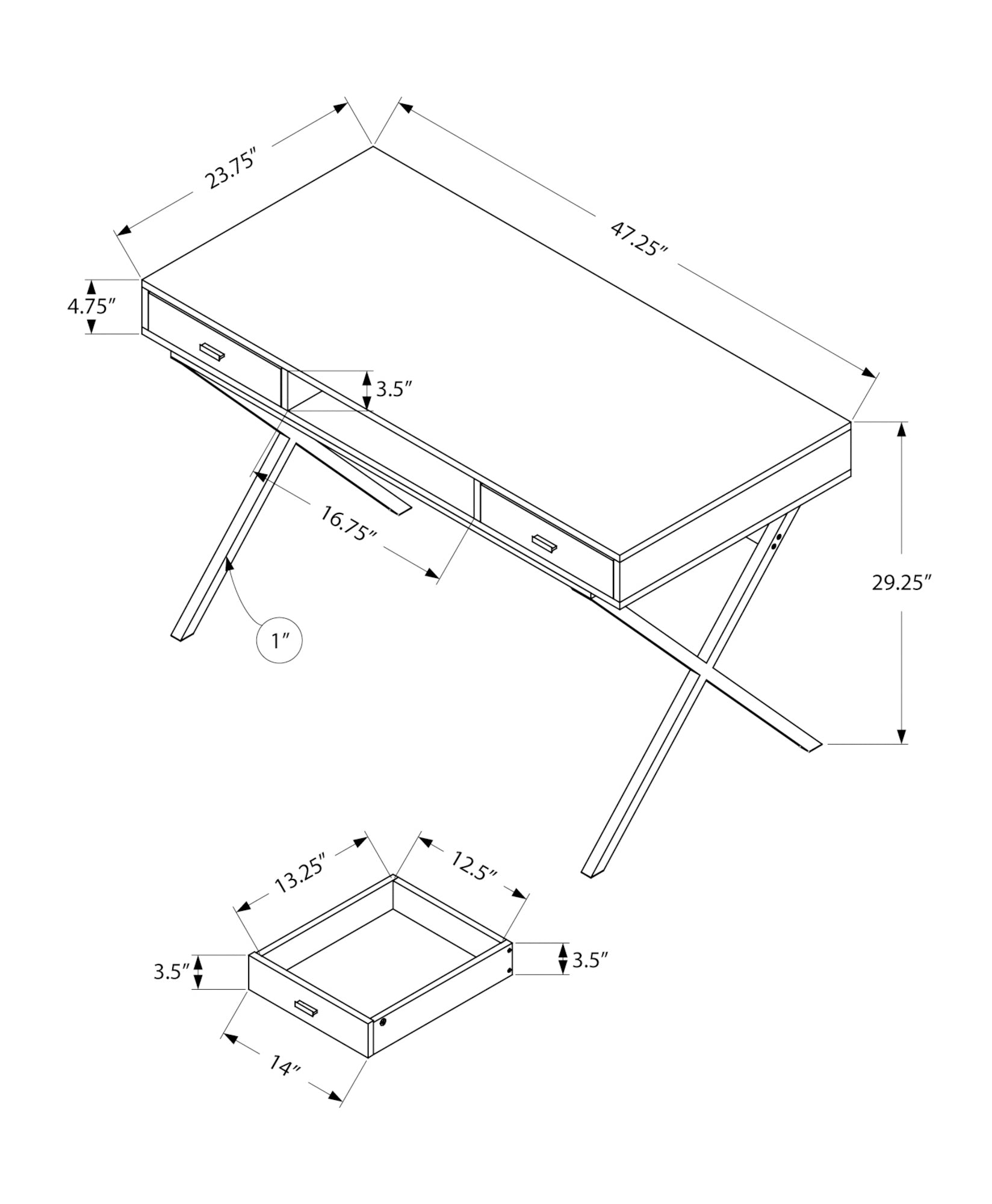Technical drawing of a white modern desk with Xshaped legs  drawers and dimensions