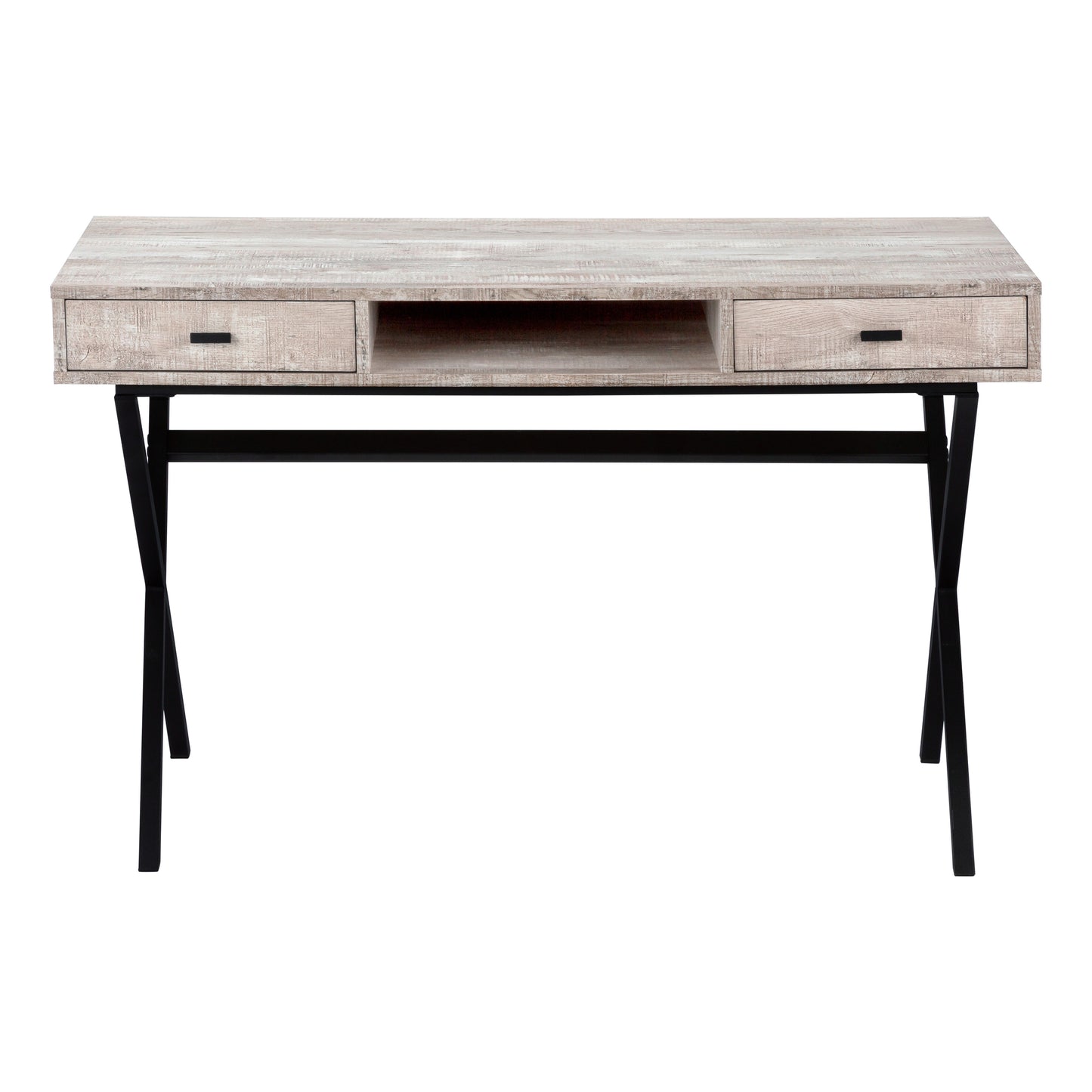 Weathered oak wood writing desk with two drawers and open shelf on black metal legs