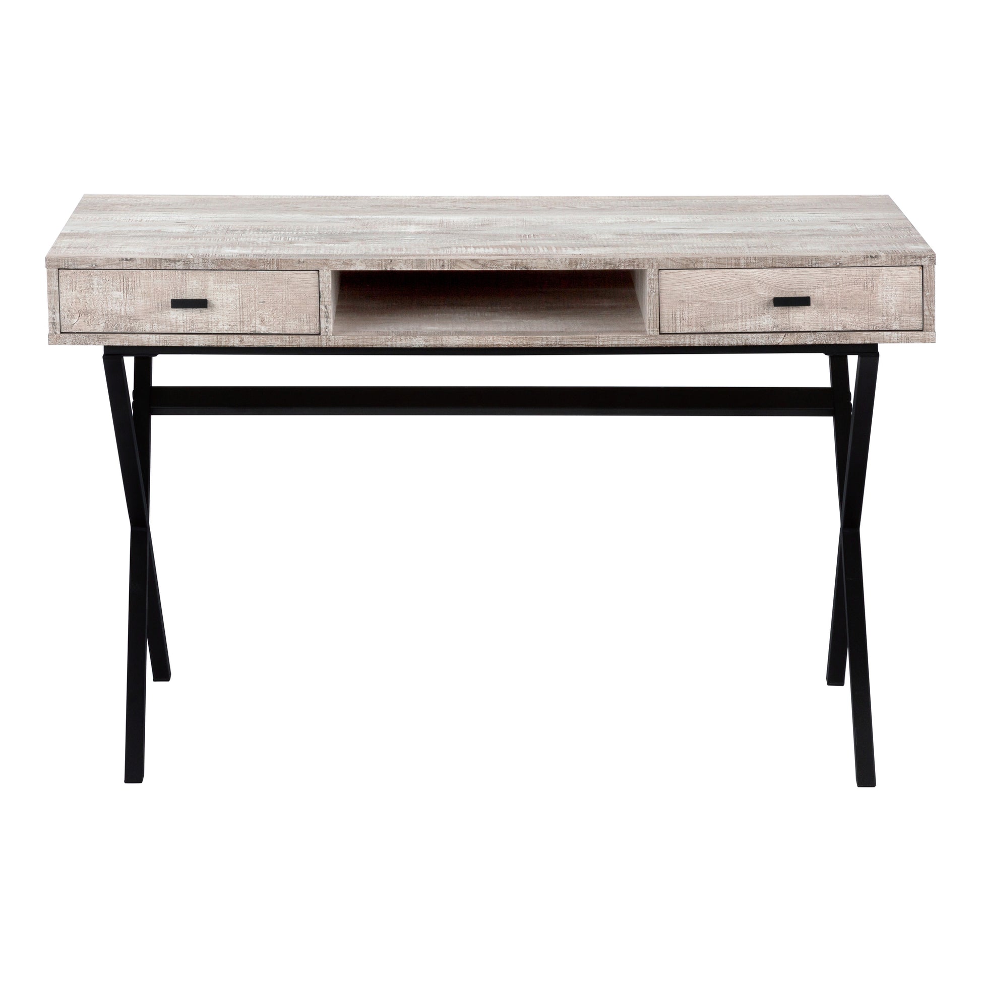 Weathered oak wood writing desk with two drawers and open shelf on black metal legs