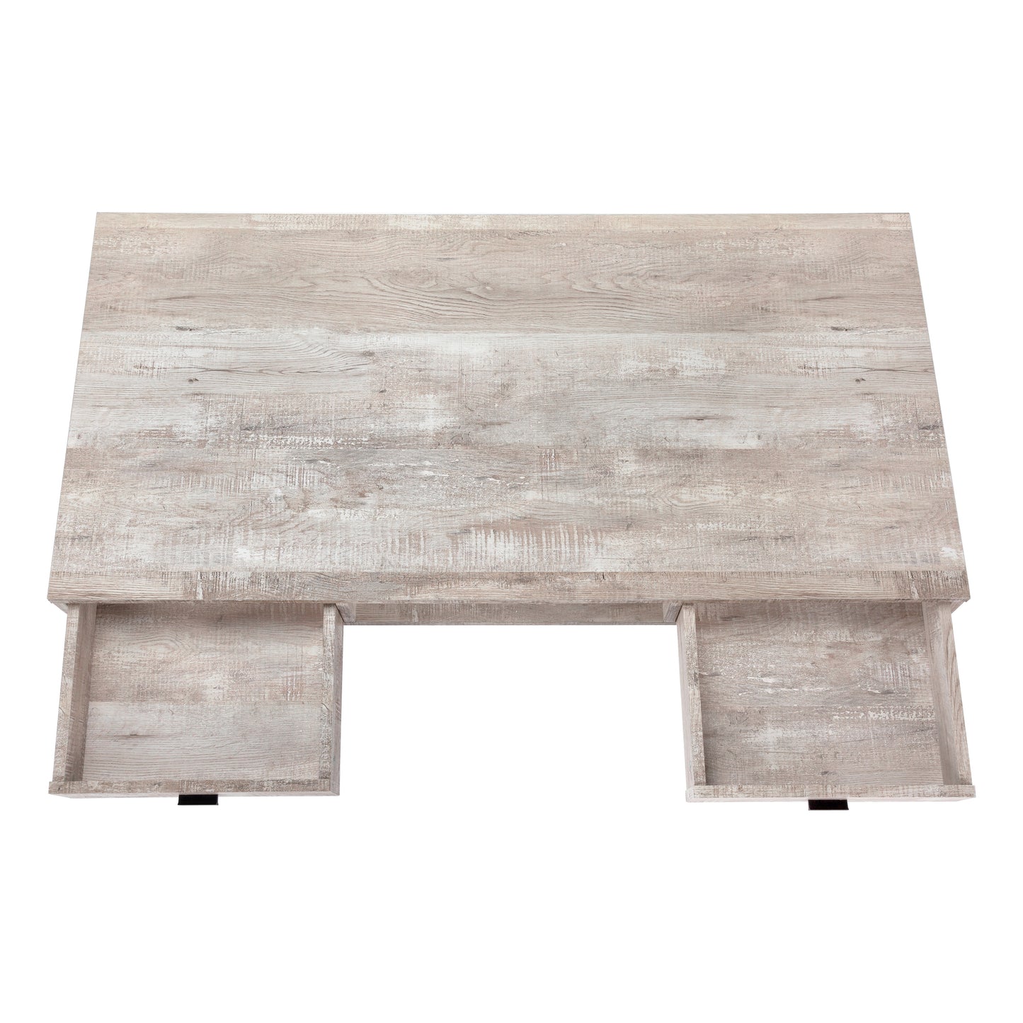 Rustic wood veneer desk with two open drawers perfect for home office organization