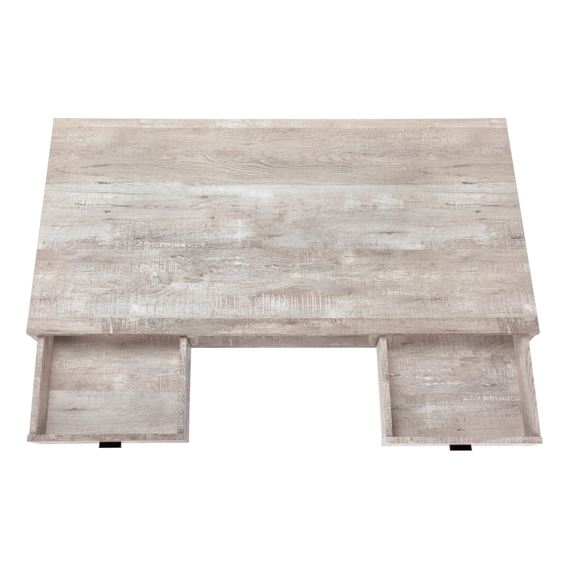 Rustic wood veneer desk with two open drawers perfect for home office organization