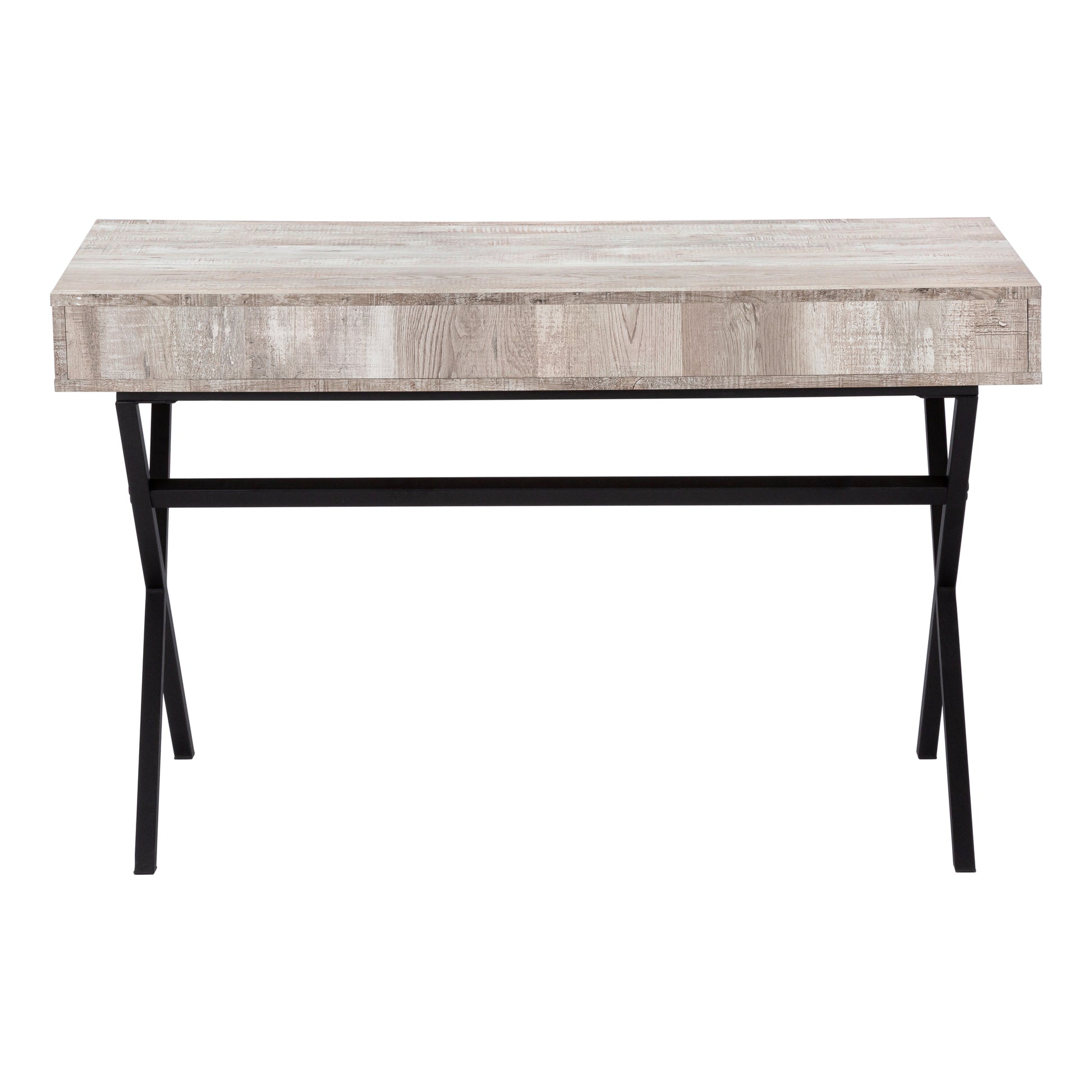 Rustic washed wood desk with black metal Xframe legs for a modern workspace