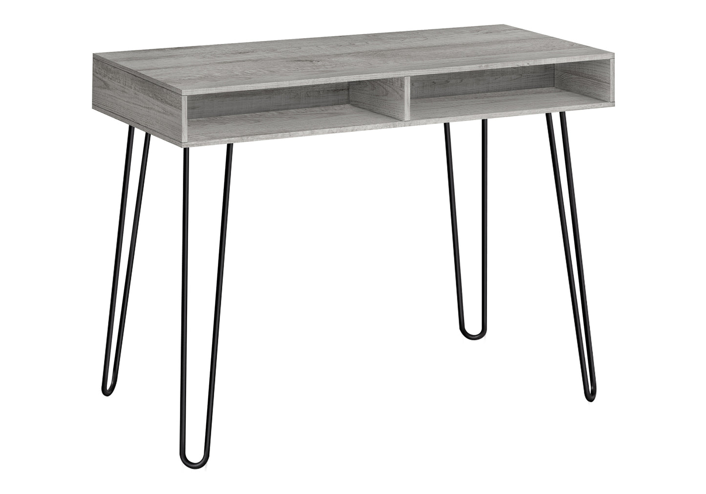 Grey wood grain writing desk with two open shelves and hairpin legs