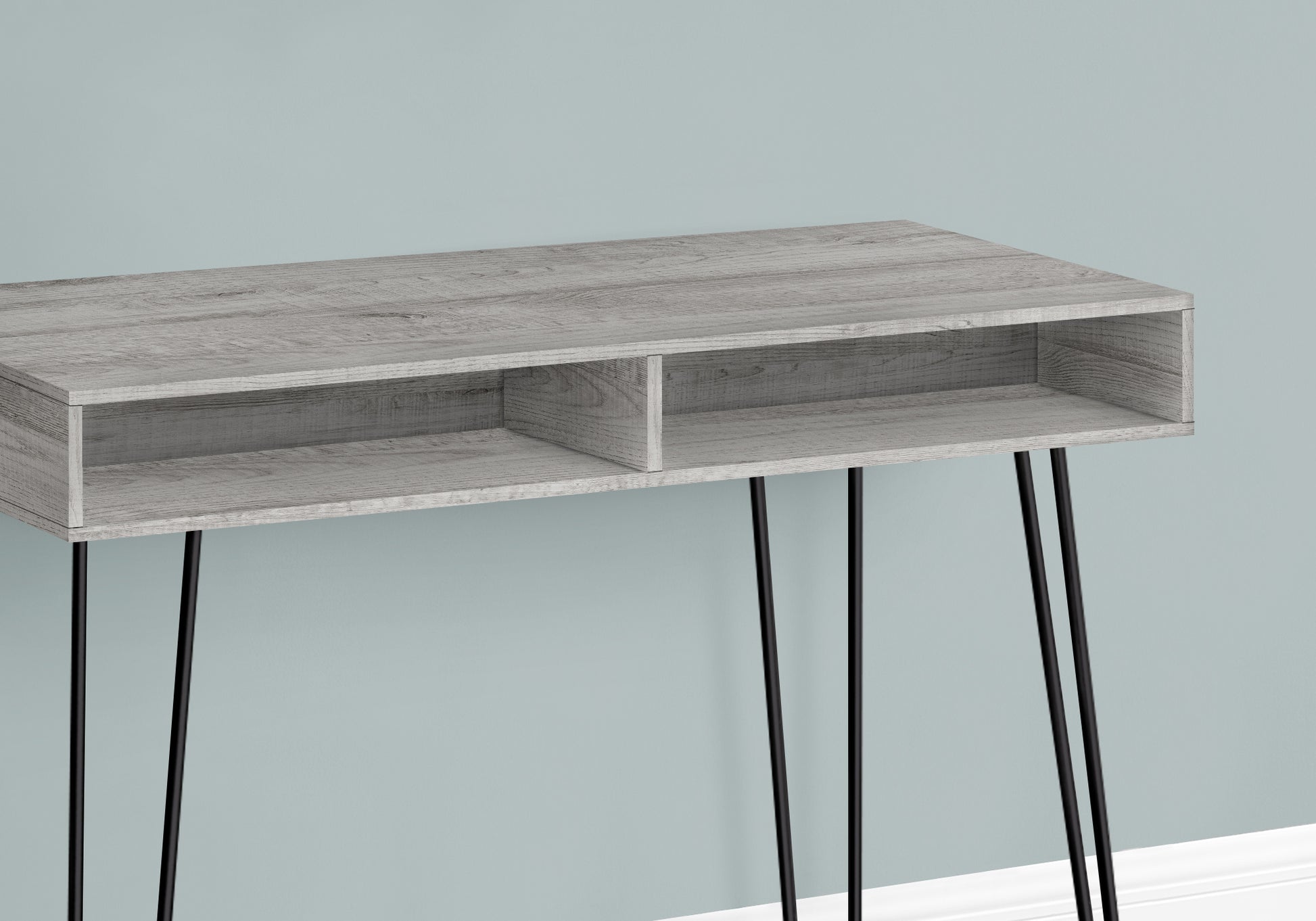 Modern grey wood console table with open storage shelves and black hairpin legs