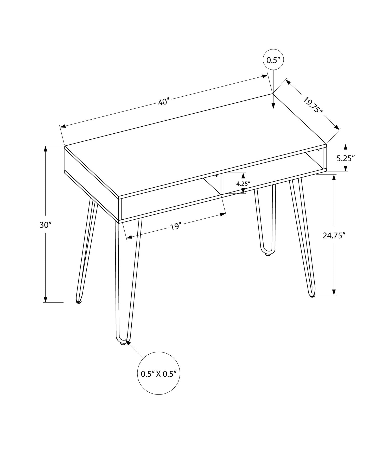 Modern writing desk with sleek hairpin legs and two open shelves