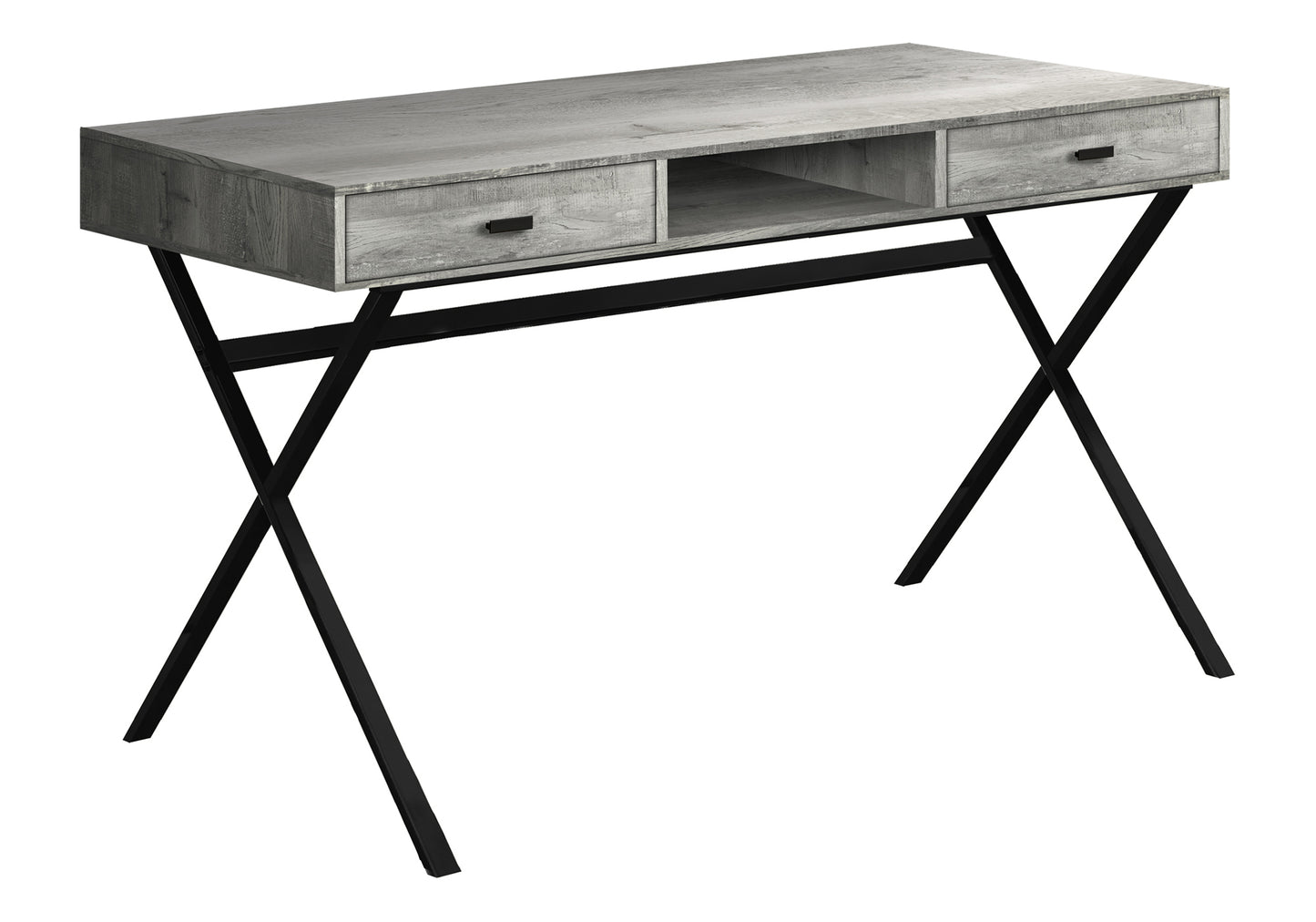 Modern grey wood grain desk with black Xframe legs and two drawers