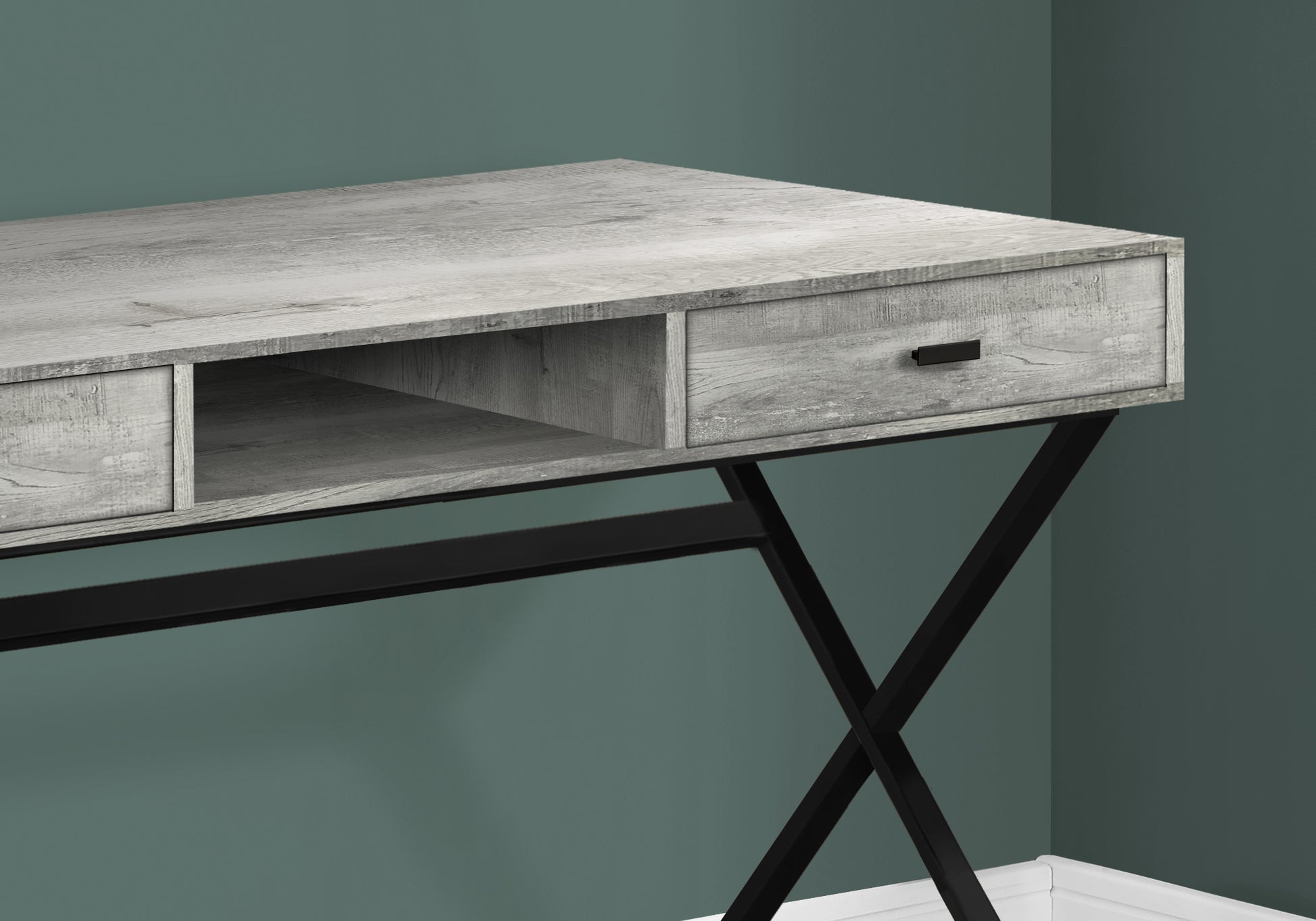 Rustic grey wood desk with open shelf and black metal legs