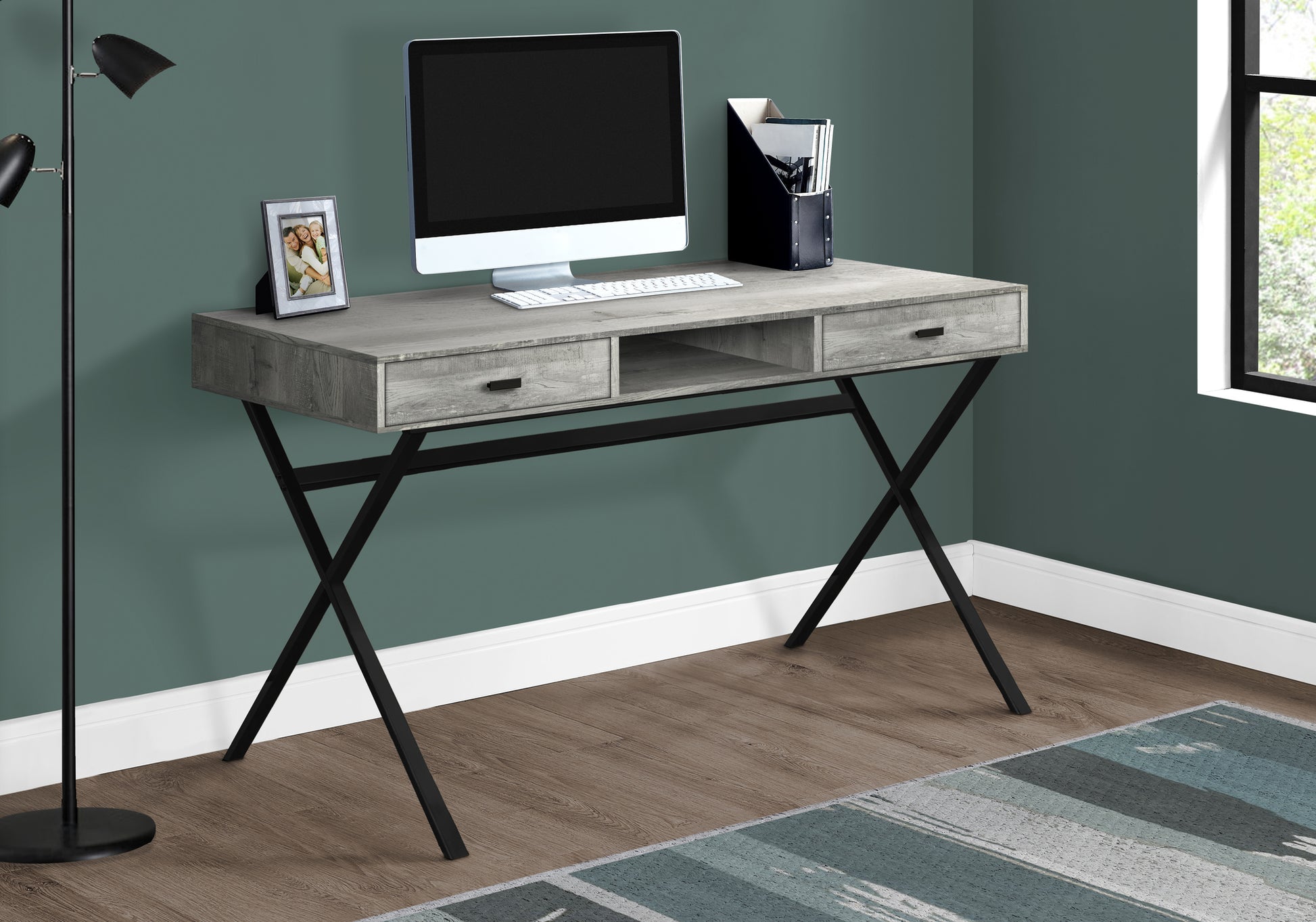 Modern gray wood writing desk with black Xframe legs and two drawers