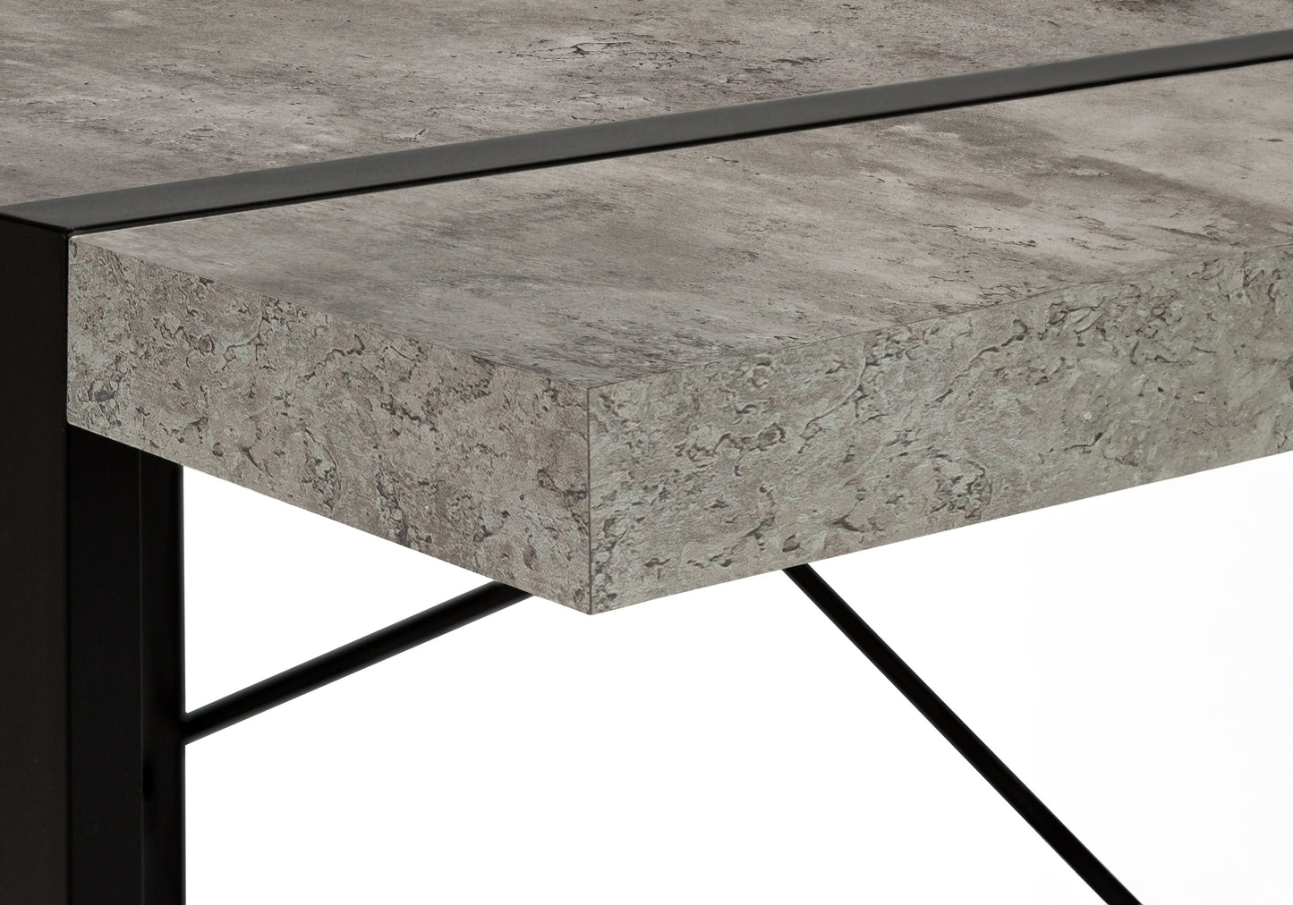 Rustic grey faux stone tabletop with matte black metal frame perfect for modern decor