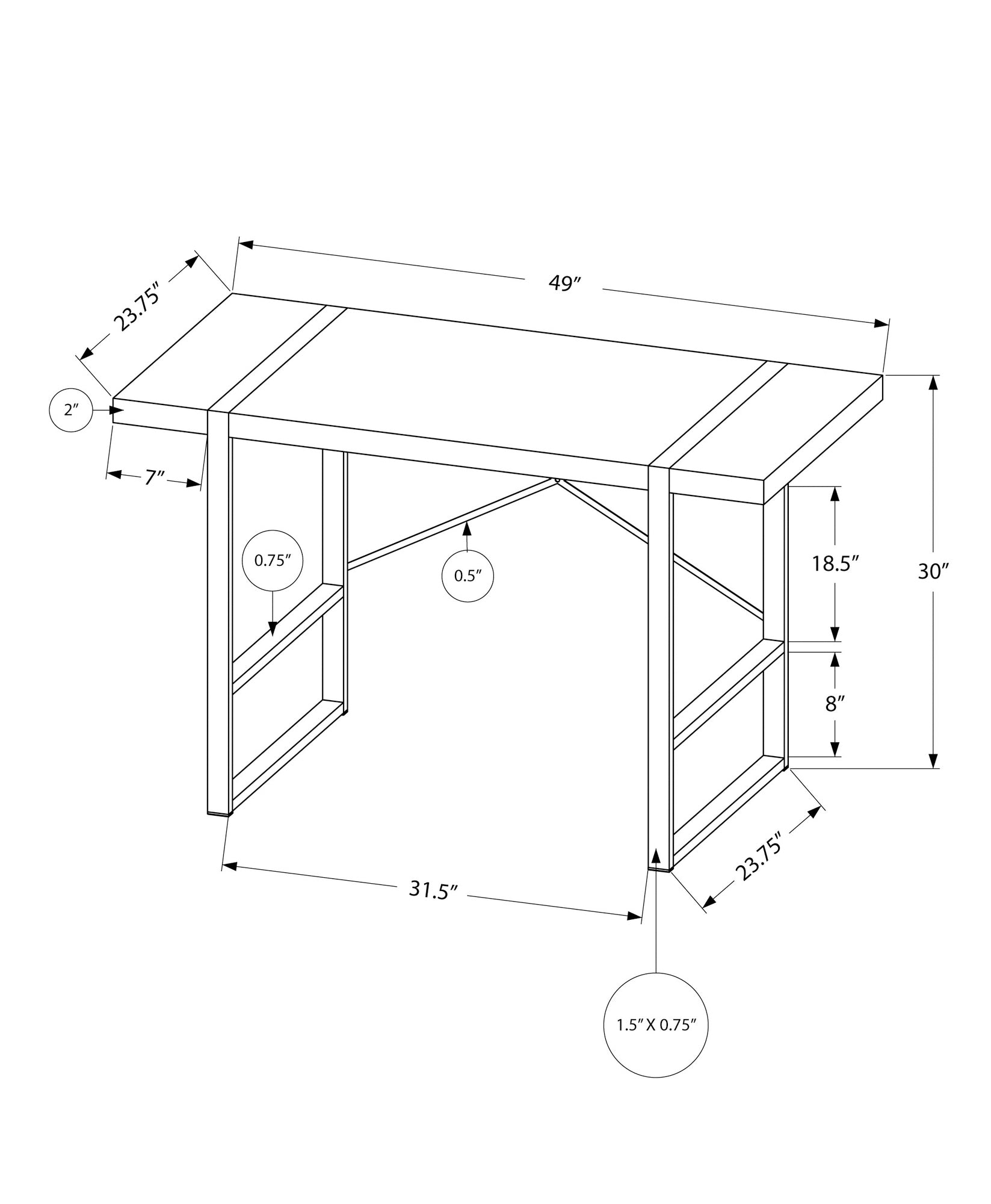 Technical drawing of a modern console table  L x  D x  H with dimensions labeled